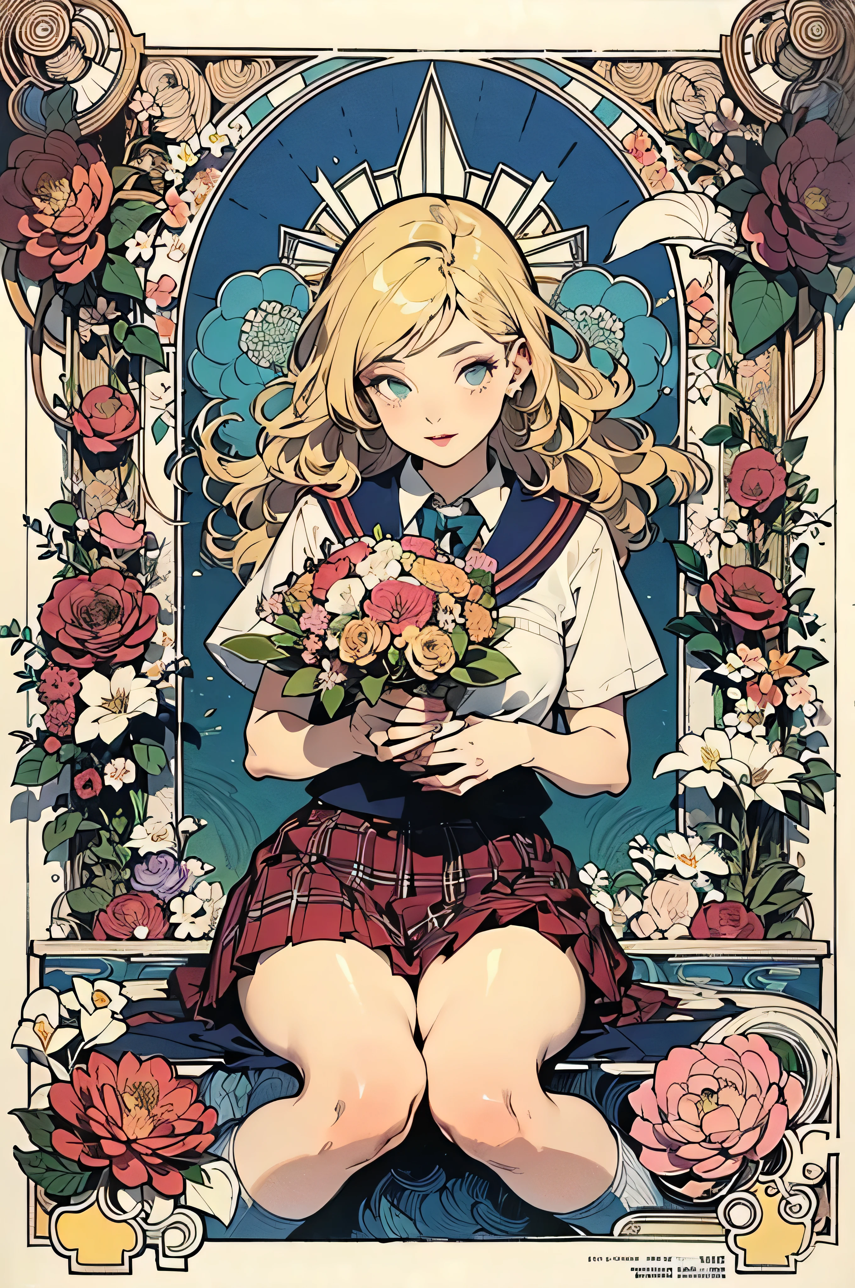 Anime girl sitting on a bench with flowers in her hand - SeaArt AI