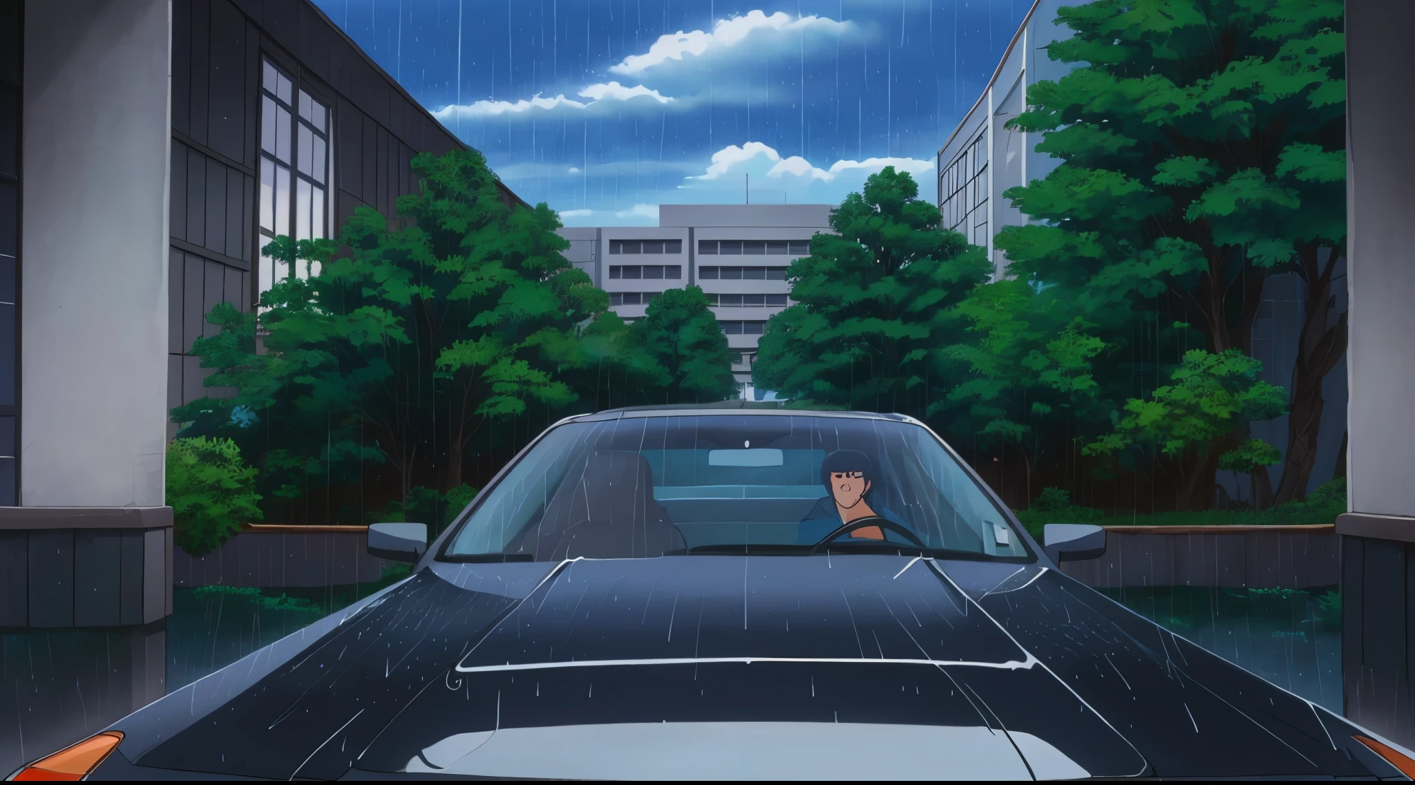 (Rainy sky) (Raindrops Falling) (Afternoon) (Grey Sky)
(80’s Anime) (Classic) (Vintage) (Retro)
1980’s Japan High School is a huge broad campus of several grey buildings built in a contemperary architecture.
There is an average sized parking lot with a cars and a van in the lot.
(View from close to the Inside)
