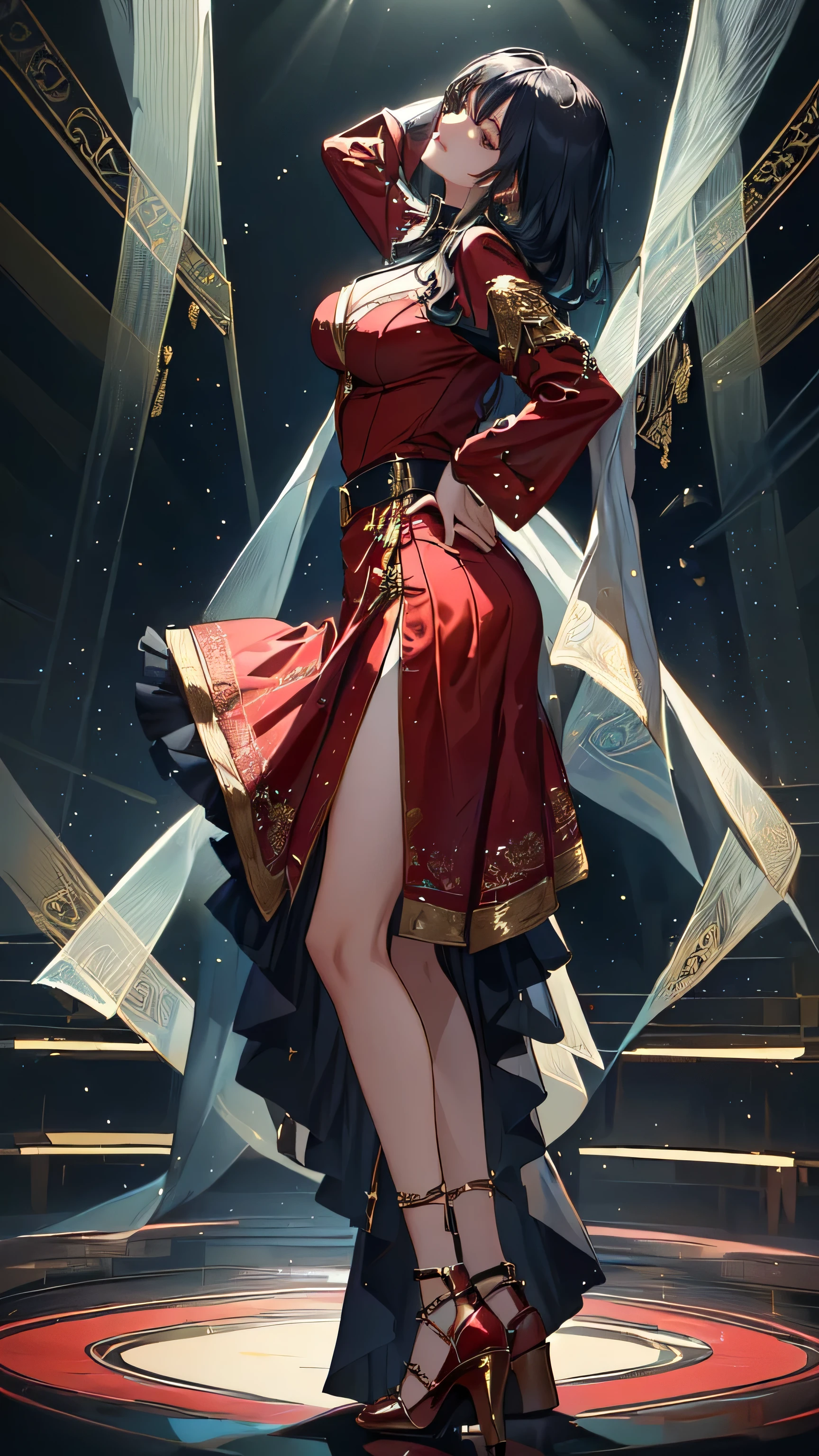 32k,Super fine,masterpiece,best quality,Female hip-hop star wearing Gucci that has GG monogram pattern is doing some intense dance moves with one arm on her hip and the other hand behind her head