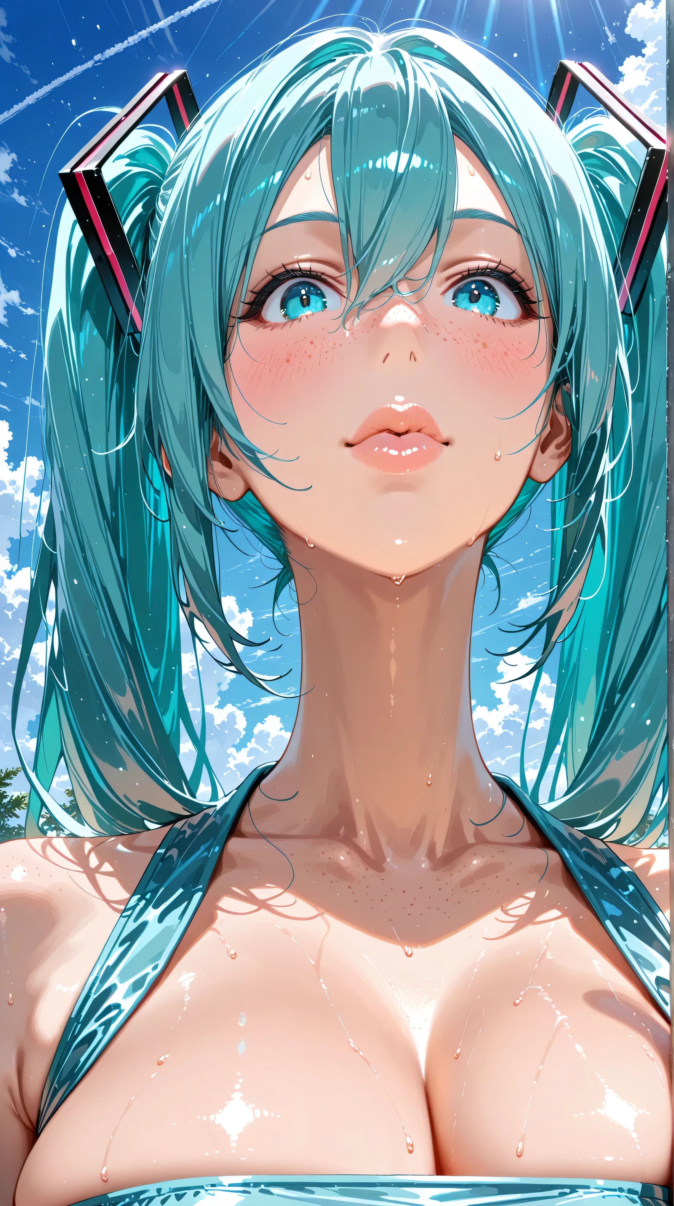(masterpiece, highres, high resolution:1.2), anime 20 yo girl, hatsune miku from vocaloid, blue hair, blue eyes, portrait, shoulders up, illustration. drawn, blushing, solo, surprised, freckles, big lips, huge breasts, perfect body, wearing a tube top, no hands.