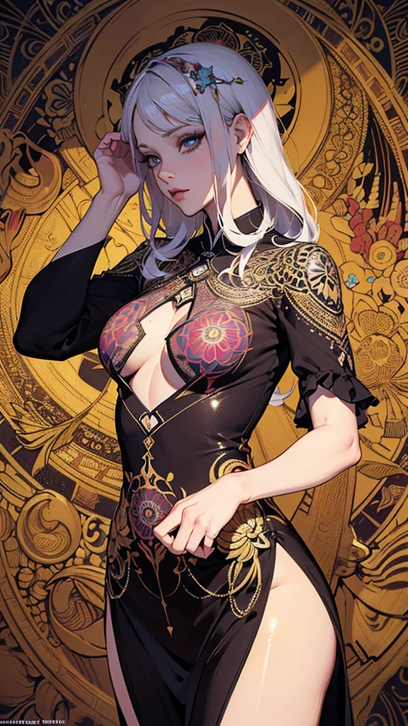 Uma mulher linda do mal, with long white hair that imposes a majestic figure,Dressed in a ninja outfit that glows with shades of gold and electric red. Ela tem olhos roxos, It has crescent moon symbols on its bracelets on its arms symbolizing the control of gravity .