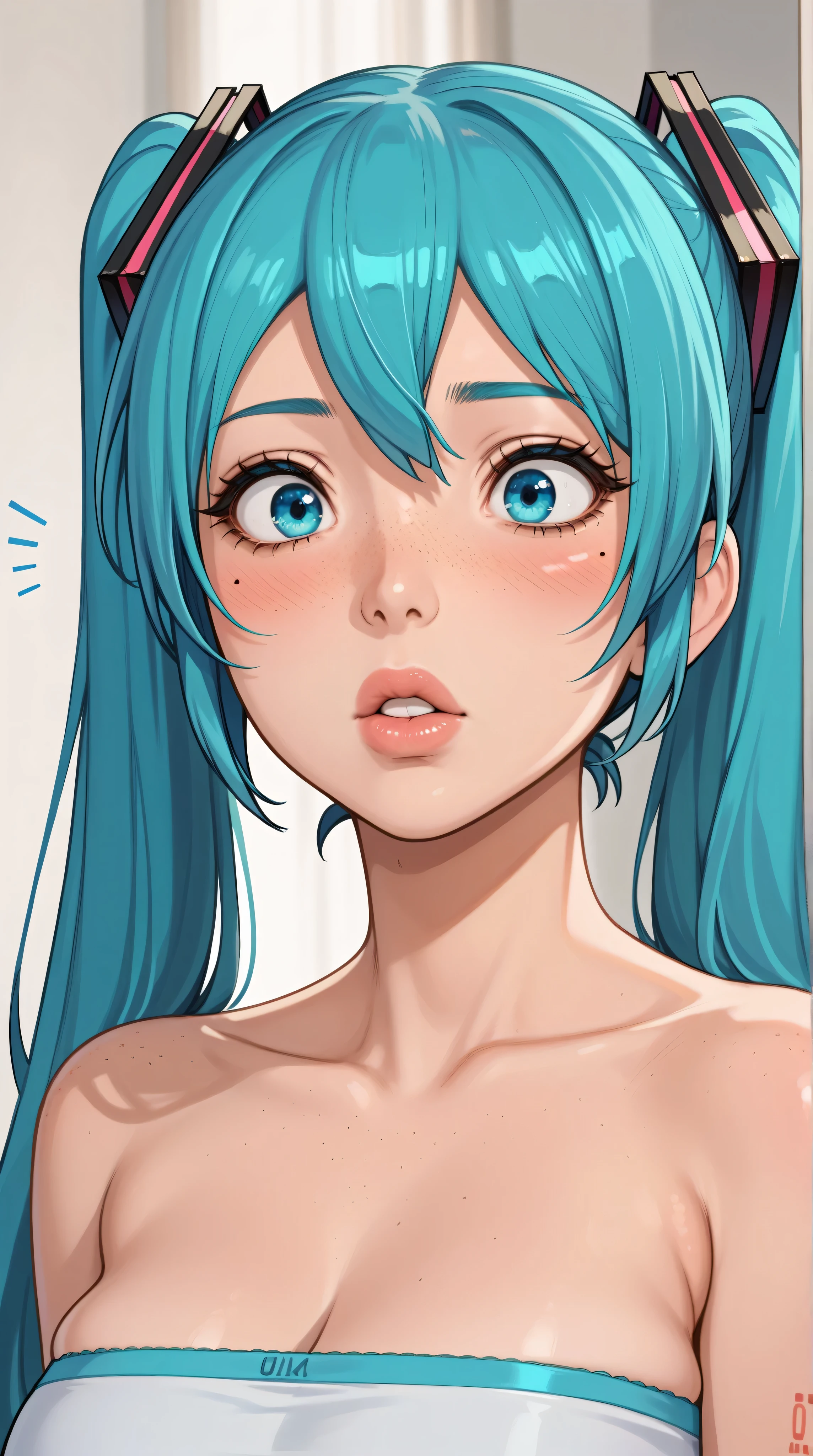 (masterpiece, highres, high resolution:1.2), anime 20 yo girl, hatsune miku from vocaloid, blue hair, blue eyes, portrait, shoulders up, illustration. drawn, blushing, solo, surprised, freckles, big lips, huge breasts, perfect body, wearing a tube top, no hands.