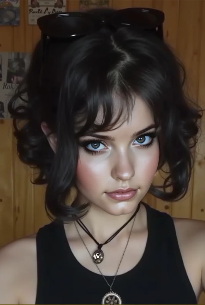 (photo of <lora:sophiehoward-08:0.7>, sophiehoward), a woman with black hair, ((short hair)),((closeup, portrait):1.2), ((collared shirt, choker):1.1),((indoors, chalkboard, classroom)),  ((lipstick, eyeliner, eye shadow):1.1),(slight smile), ((detailed eyes, detailed face):1.3)((best quality, masterpiece):1.2)