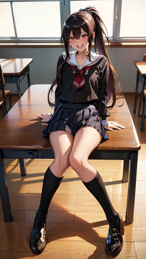 highest quality,1girl,,full body,((gloomy:1.3)),sweaty,Tachibana Arisu, black hair, long hair,straight hair,hair ribbon,white shirt,plaid skirt,mini skirt,lift skirt,white panties,lace panties,white socks,spread legs,classroom