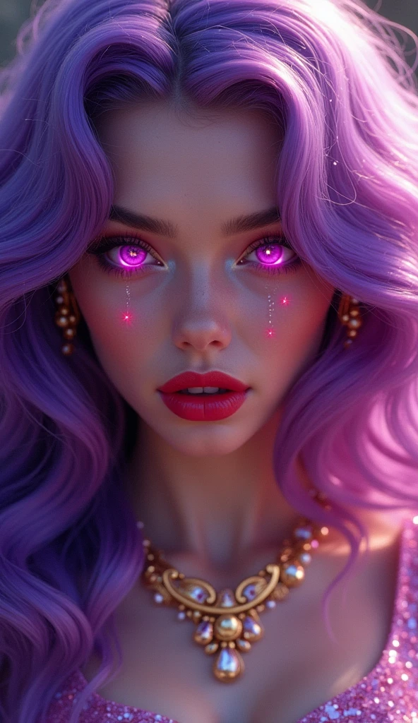 (( best quality)), (( masterpiece )), (detailed),   perfect face,  perfect body ,  elegant and luxurious, goddess, red full lips,  neon purple eyes , 
 neon purple wavy hair, mystical,  magical powers , Light, Glitter, shine, , gold jewelry ,  realistic , In cosmos   , hovers 