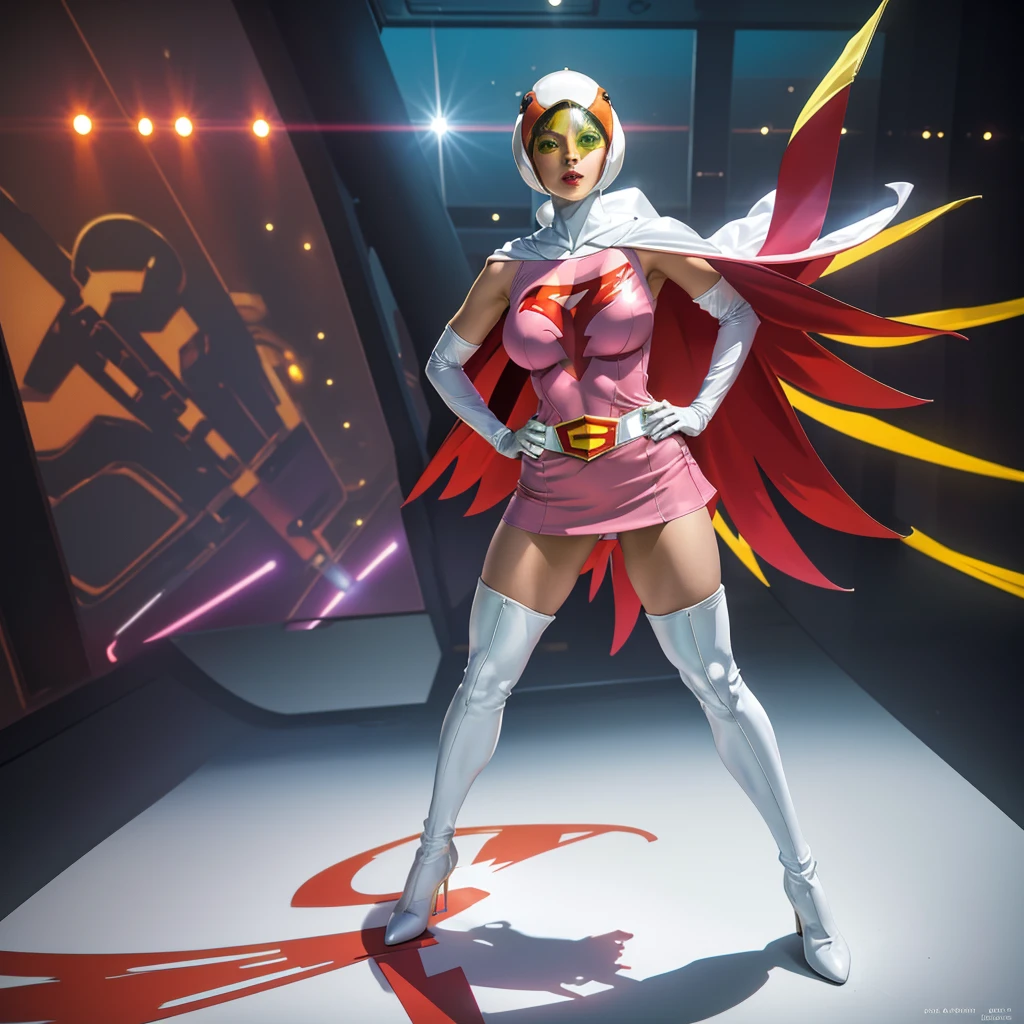 ANI_CLASSIC_jun_gatchaman_ownwaifu,1girl, ,good anatomy, masterpiece, best quality,realistic, hyper realistic, 16k hdr, long hair,breasts,lips,large breasts,lipstick,makeup,gloves,cape,helmet,belt,elbow gloves,white gloves,mask,ultra miniskirt,leotard,spacesuit,white tight overknee highheels boots,pink dress,superhero,bodysuit,cleavage,erected nipples,(stand pose,hands on hip),(spread legs:1.1),cameltoe