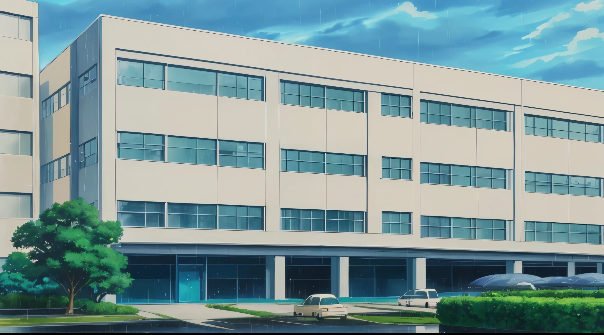 (Rainy sky) (Raindrops Falling) (Afternoon) (Grey Sky)
(80’s Anime) (Classic) (Vintage) (Retro)
1980’s Japan High School is a huge broad campus of several grey buildings built in a contemperary architecture.
There is an average sized parking lot.
(View from close to the Inside)