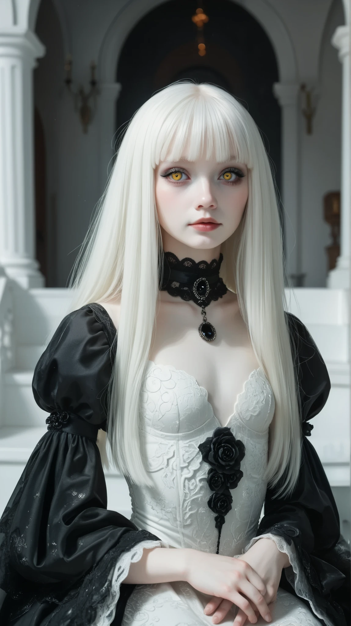 girl with white hair,with bangs, black gloves, gothic,4K, masterpiece, perfect body, stem,perfect eyes, perfect shading, perfect lighting, best quality, work of art, ultra detailed, detailed clothing