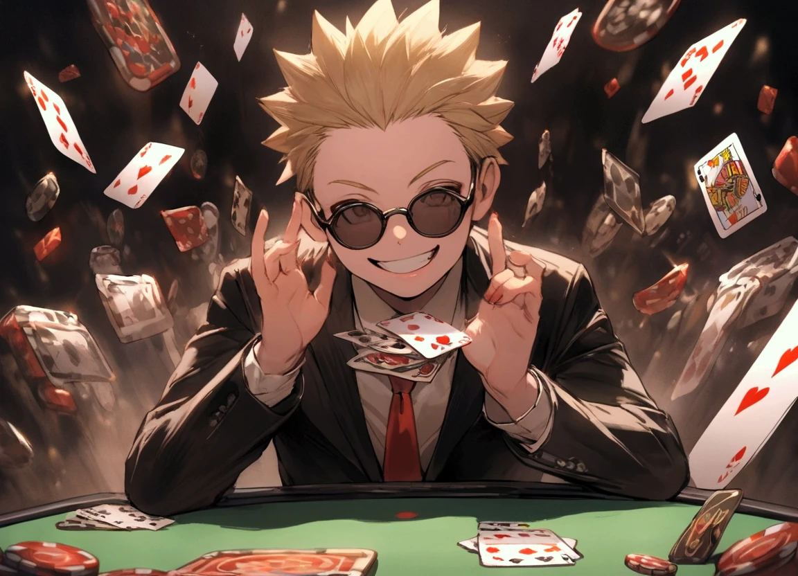 1 boy, black fur, sitting at a poker table, 20s clothing, 20s clothes, cards in hand, confident look, by the laugh, in a red background casino, gray room, best quality, super detailed, 4k, hyperrealistic, photorealistic, dramatic lighting, cinematic composition, intricate details, high contrast, vibrant colors, chiaroscuro, portrait, realistic, masterpiece