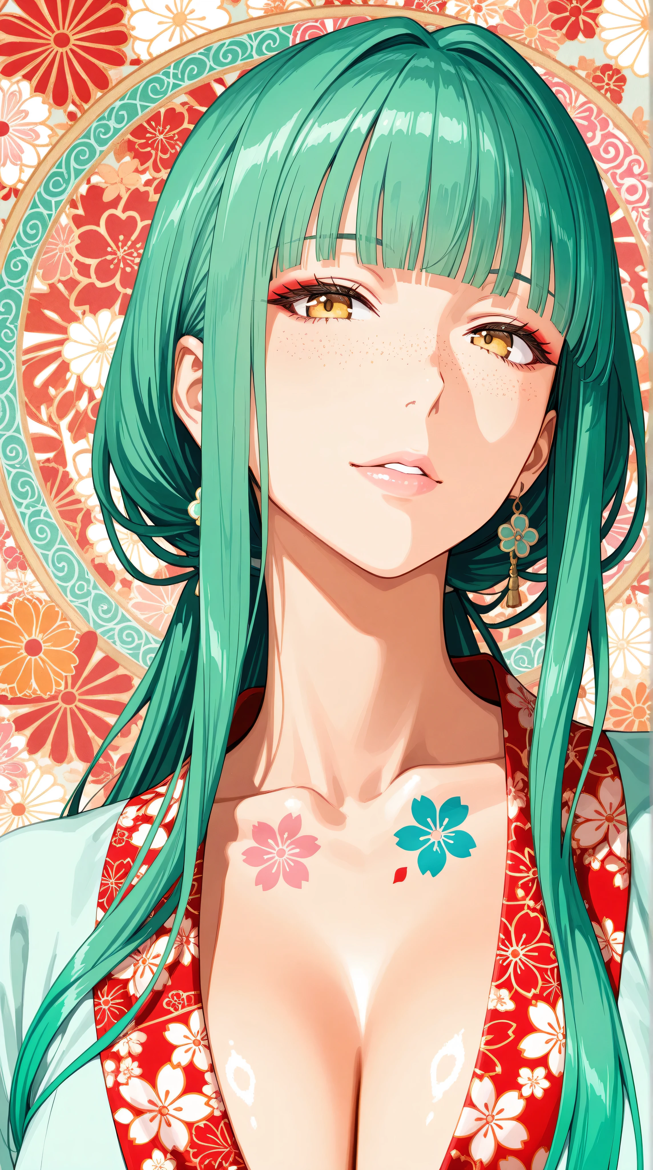 A mesmerizing surreal illustration of a young japanese woman. She has pastel green hair with blunt bangs, yellow eyes, and wears a vibrant pastel colored outfit adorned with intricate floral patterns. Freckles dot her smooth, warm complexion, and bold, colorful tattoos cover her arms and legs. The tattoos feature traditional Japanese motifs like flowers and mythical creatures, rendered with meticulous detail in a pastel color palette. The background is a vintage floral-patterned wallpaper that complements the artwork's colors. The line work is precise, with delicate shading that gives the illustration a 3D quality. The artwork fuses modern illustration techniques with traditional Japanese aesthetics, resulting in a visually striking, portrait,