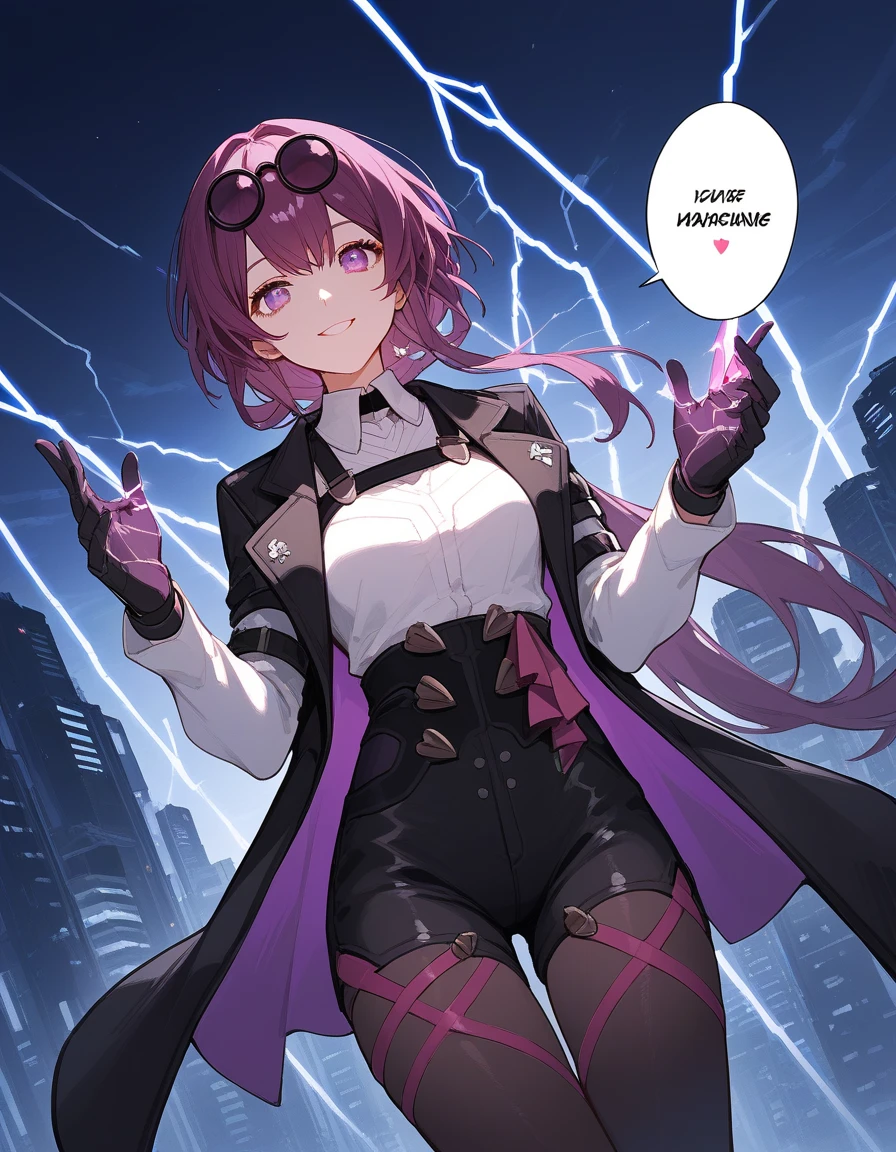 akaneshinjou, shinjou akane, Light purple hair, (Pink Eyes:1.2), short hair,OL,Red glasses, smile,Open your mouth,end, Black suit jacket, Collared jacket, White dress shirt, Collared shirt, Neckline, button, strap, ID card on the neck, Black Pencil Skirt, Black Pantyhose, Stiletto heels,sit cross-legged at a desk,Sexy pose,
break indoors, office,
break looking at viewer, break (masterpiece:1.2), Highest quality, High resolution, unity 8k wallpaper, (shape:0.8), (Fine and beautiful eyes:1.6), Highly detailed face, Perfect lighting, Highly detailed CG, (Perfect hands, Perfect Anatomy),Standing on the rubble, (Wicked Smile:1.1), ,,Dark shadowed face,Sadistic smile,Malice,Contempt,smile,latex,Bad face,,,two hands,Two legs,five fingers,evil background,elbow gloves,latex, Wicked Smile, devilish aura (Shiny fabric:1.5),Dark world background,solo,