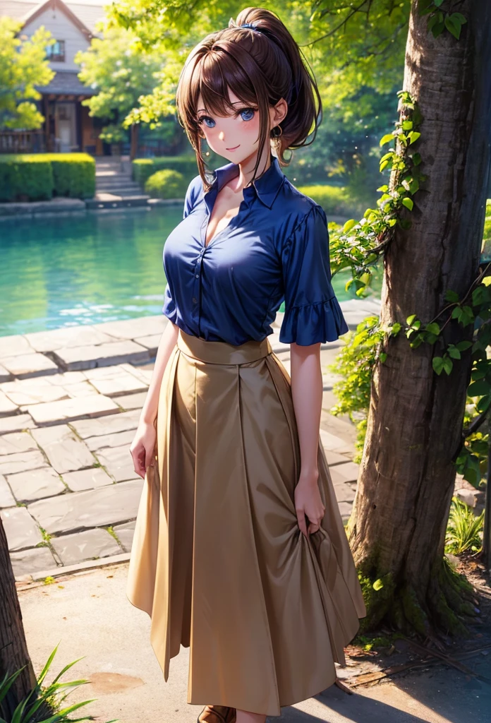 1girl, full body, solo, flowers, trees, brown hair, curly hair, long hair, ponytail, large breasts, button down shirt, cleavage 1:3, ((brown green shirt)), ((unbuttoned shirt)), ((short sleeved shirt)), blue eyes, skirt, smile, looking at the viewer, ((standing)), hair ribbon