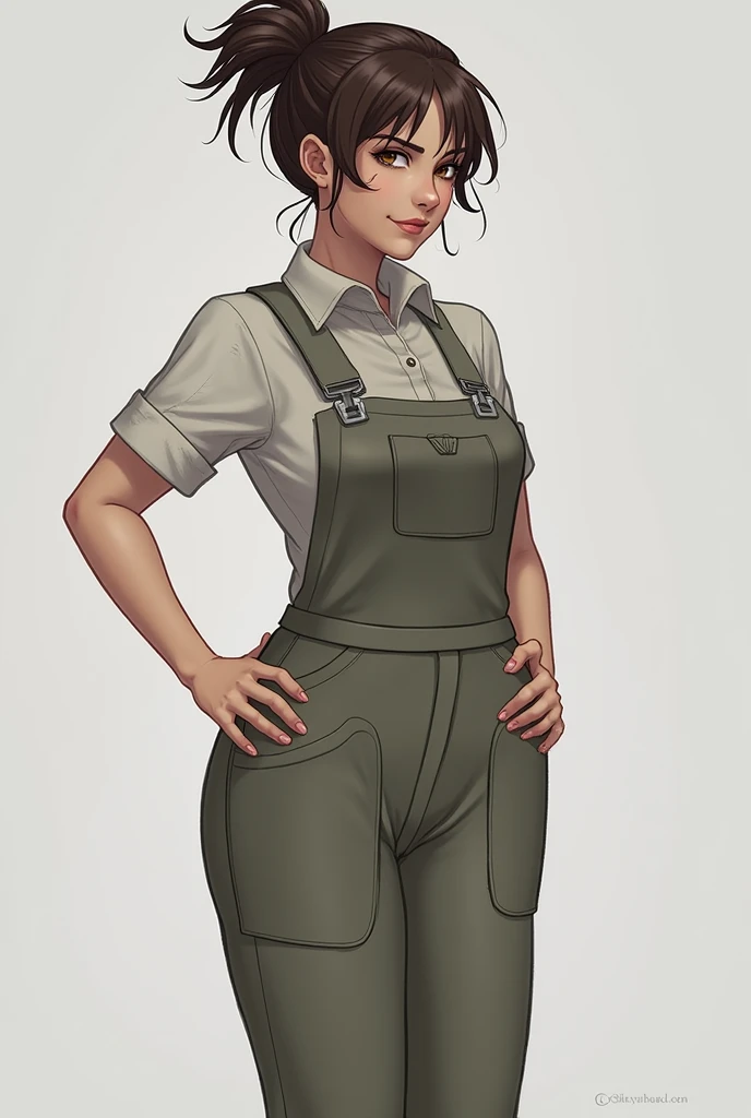 digital art, highly detailed, reference sheet, standing pose, feminine features, mature woman, adult female, fit figure, whole body, bald, form-fitting, turtleneck sweater, suspenders, belt, baggy pants, heeled shoes, 1woman, solo, upper body, lower body, ((Extremely Detailed)), ((Best Quality)), ((Masterpiece)), ((4k)).