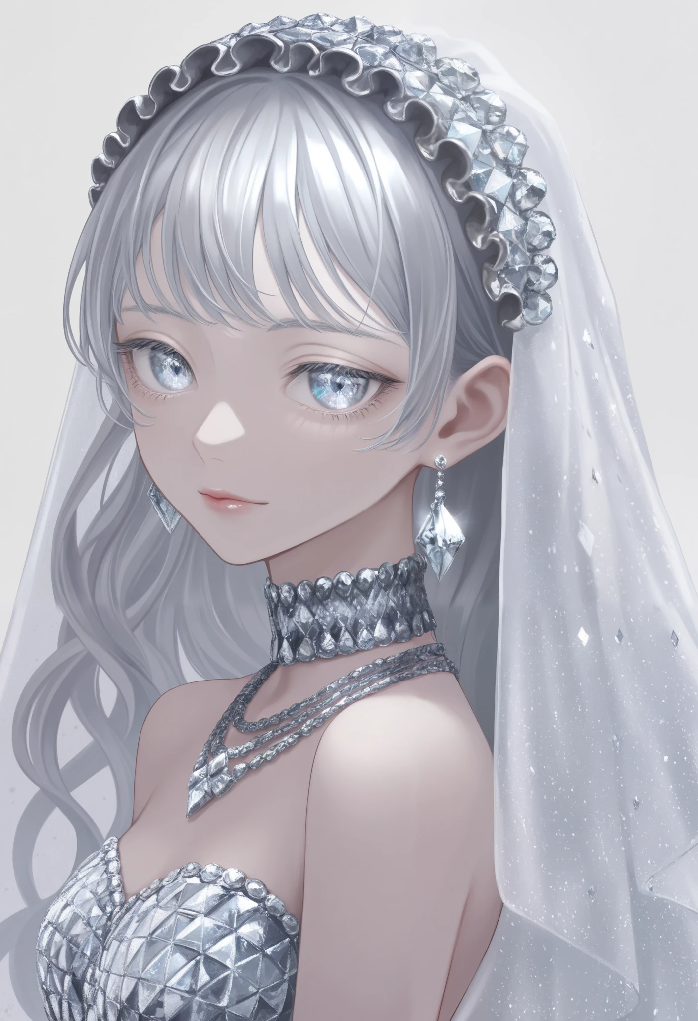 rainbow, One Girl, alone,So cute, Long Hair, Show Viewer, Gray Eyes Background, White Background, jewelry, Mouth closed,  Upper Body, Gray Hair, Earrings, Blue Eyes, necklace, From the side,  lips, eyelash, Compensate, Wavy Hair, Earrings, lipstick, 耳のEarrings, eye shadow, diamond Earrings, ピンクのlips, Variegated eyes, Gray Theme, , ピンクのeye shadow, pretty  necklace , silver, Diamond eyes, diamonds, shining, ethereal, goodness, shining,veil, diamond dress, many diamond details , diamond hair accessories , diamonds under eyes, smorky  silver make up, diamond make up