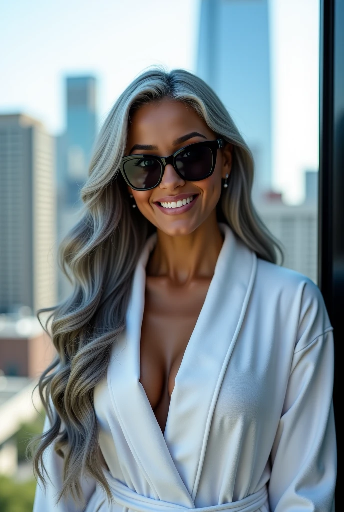 A beautiful youthful looking Hispanic version of Ariana Grande as a 50 years old woman with long her completely gray hair in a big curls styles as the superhero Daisy Johnson from Agents of S.H.I.E.L.D with blue eyes wearing sunglass wearing a bathrobe in a city downtown with many skyscraper nearby she is smiling for the camera