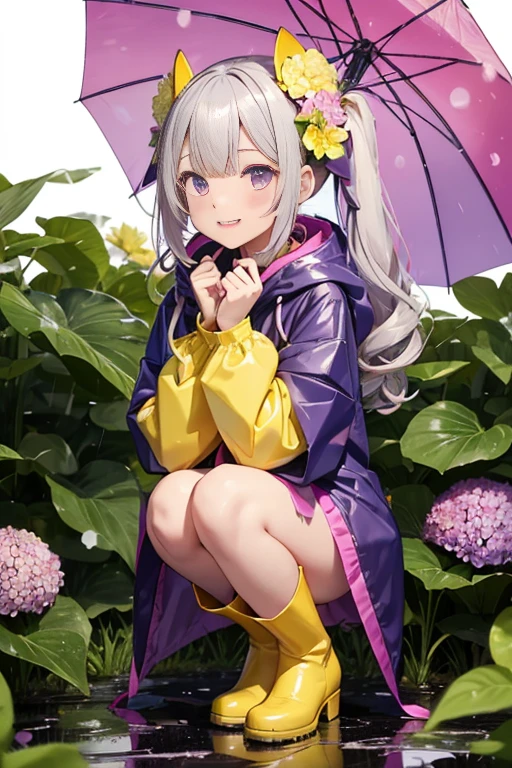 One Girl,rainbow,raincoat,yellow raincoat,rubber Knee-high boots,Hydrangea,flower,Long Hair,Twin tails,Knee-high boots,blush,umbrella,Open your mouth,hair ornaments,Food,alone,Terboz,very Long Hair,Food up,Long sleeve,Low Ponytail,bow,bangs,smile,animal Food,closed umbrella,puddle,Cowboy Shot、squat,:d,Yellow footwear, background,pink flower,Are standing,leaf umbrella,Holding umbrella,food-themed hair ornaments,hair bow,animal ears,Holding,blondes,hair flower,rain,animal,Gray Hair、Light purple eyes、Bob Hair、Laughter、Purple Raincoat、(((((from the crotch)))),((Pee dripping from your ass,Peeing)), NSFW,Golden liquid dripping from her ass),Shy girl