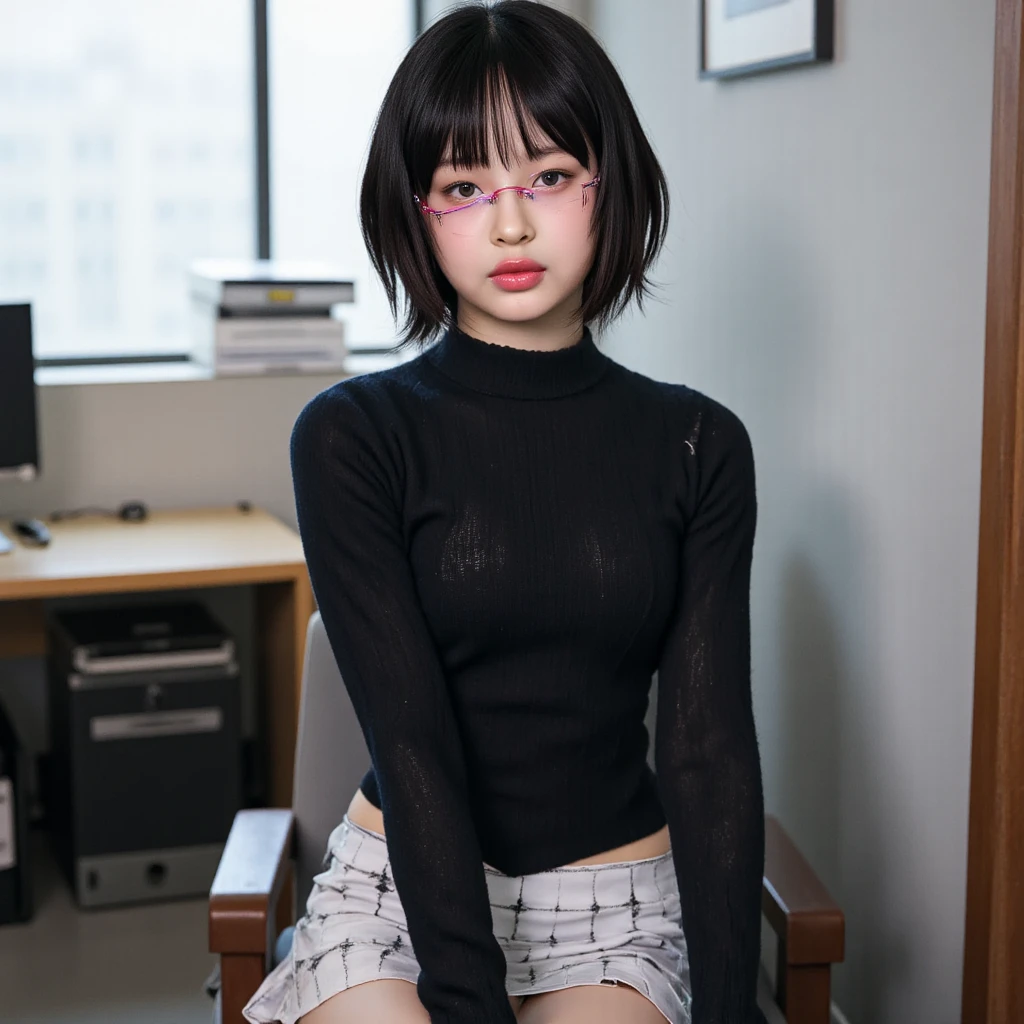 (8K, top-quality, masterpiece:1,2), (reallistic, Photorealsitic:1.37), Super Detail, One girl,), (Highly detailed), (beautifully detailed eyes), (of the highest quality), (super detailed ), (masterpiece), (Detailed face),20yr old, ,1 girl, full body:1.5 , pink hair,Very short hair, medium breasts, clothed, Perfect Lighting, pussy and breast focus, looking at viewer, aroused face, naughty face, Table, ((office lady, blouse, black tight miniskirt, glasses, black tights))