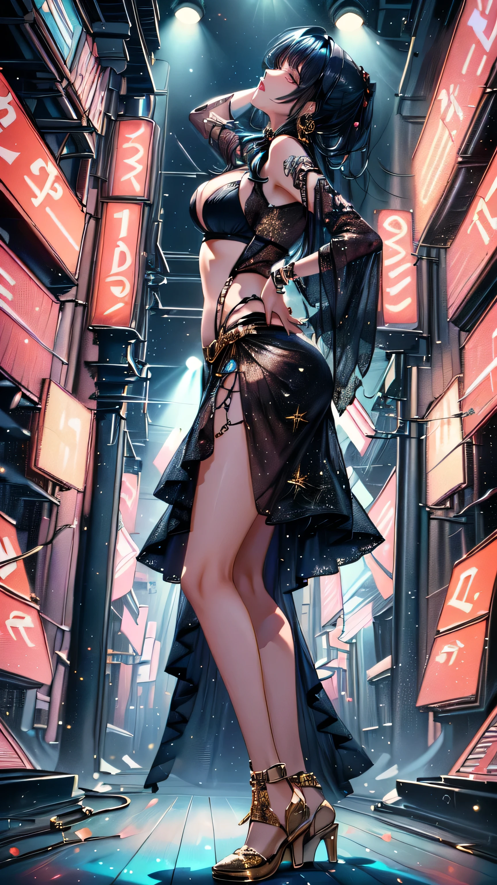 32k,Super fine,masterpiece,best quality,Female hip-hop star wearing Gucci that has GG monogram pattern is doing some intense dance moves with one arm on her hip and the other hand behind her head