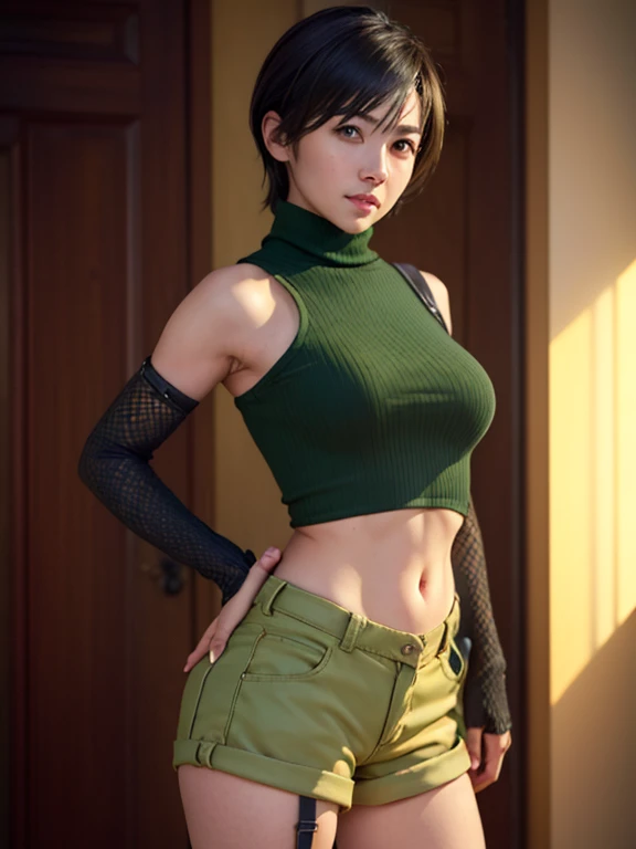 (best quality, ultra-detailed, photorealistic: 1.39), bright and vibrant colors, studio lighting, romantic expression, Black cropped long sleeved ruffle, style Leggings and tank top, platinum Brown hair with messy bangs, medium breasts, fit, muscular, short hair, mercenary, house