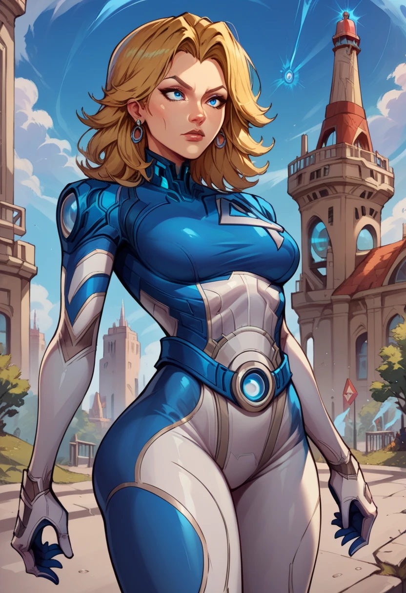 Superhero ("Sarah Hyland") vestindo "white and silver metallic costume", corpo atletico, cabelos pretos lisos, sobrancelhas grossas, anatomia correta, pernas torneadas perfeitas