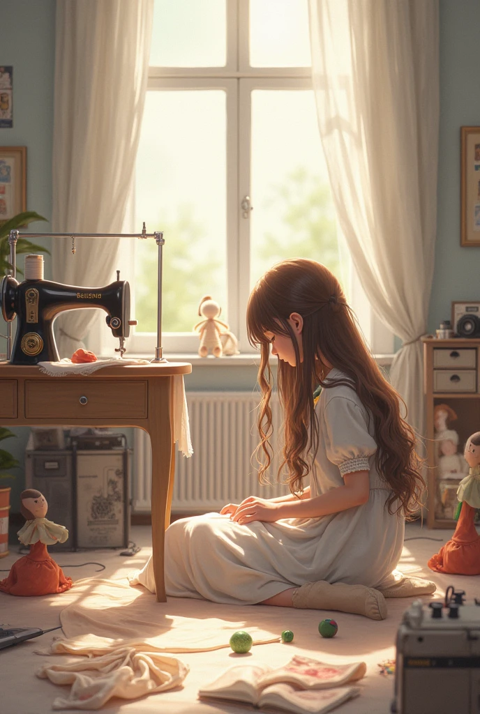 90s nostalgic style,A five-year-old girl lies on the bed in her grandmother's room,Grandma sat by the bed and fanned herself。Opposite the bed is the door,There is an old-fashioned sewing machine by the door.。Next to the bed is an old-fashioned desk and cabinet.,There is also an old-fashioned fan。There is a window above the cabinet,The curtains fluttered in the wind。Warm and nostalgic scene,Highlight the atmosphere of the 90s summer vacation。