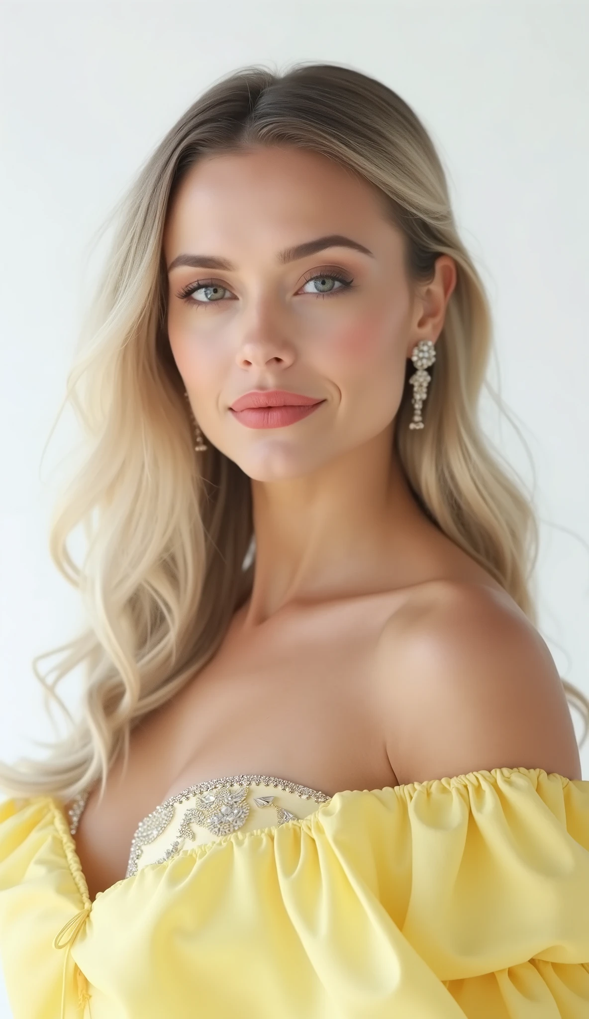  use the woman's face reference my photo using, elegant clothes,Blonde with a white background 