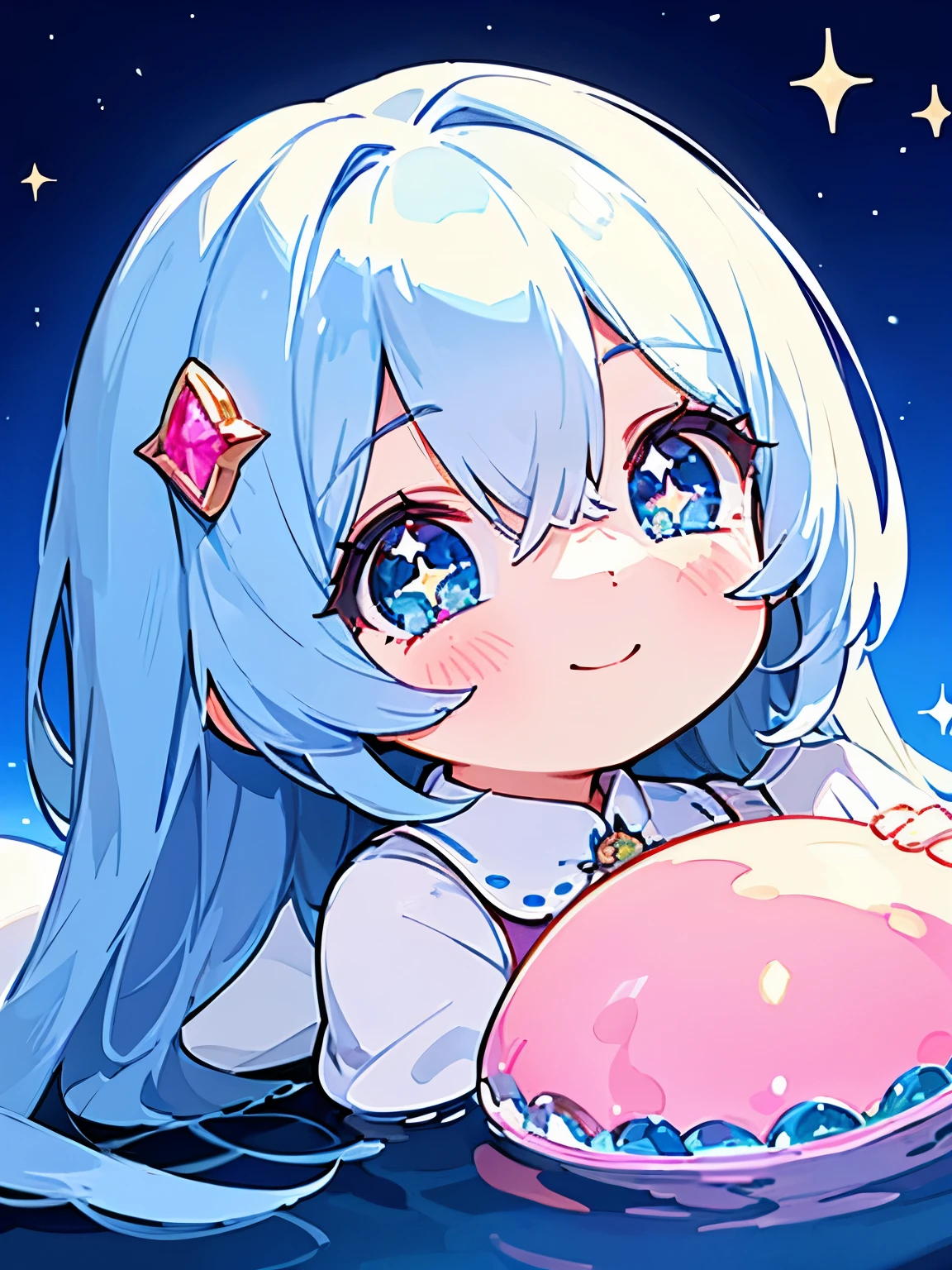 girl with、loly Clean hair ornament, Cute surreal bodies bien、(Detailed eyes, Eyes Like Gems, Sparkling eyes:1.3) , a smile, Blue sky