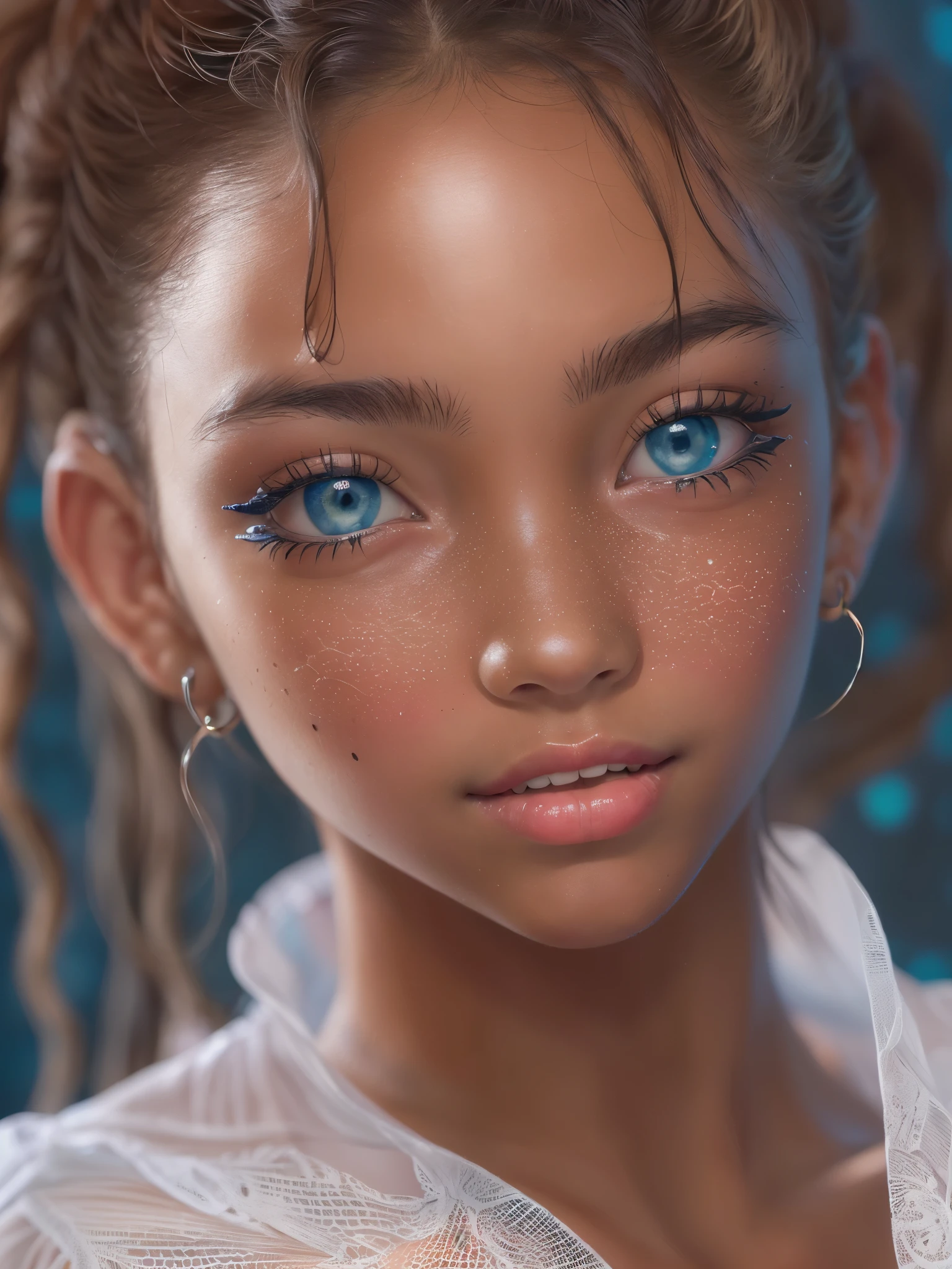 ((1 girl)) , solo, long hair, breasts, bdsm rope, necklace, skinny, lips, realistic, (one head), (portrait, editorial photograph of a beautiful black girl , adorable face, long black curly hair, ((blue eyes)), rich colors, hyper realistic ,lifelike texture, dramatic lighting, (highly detailed face:1.4), perfect eyes, realistic iris, perfect teeth, (smile:0.7), (background dark), (((cleavage))), (((Mandelbrot sequence background))), ((small nose freckles)), ((possessed)), ((Uhura))
