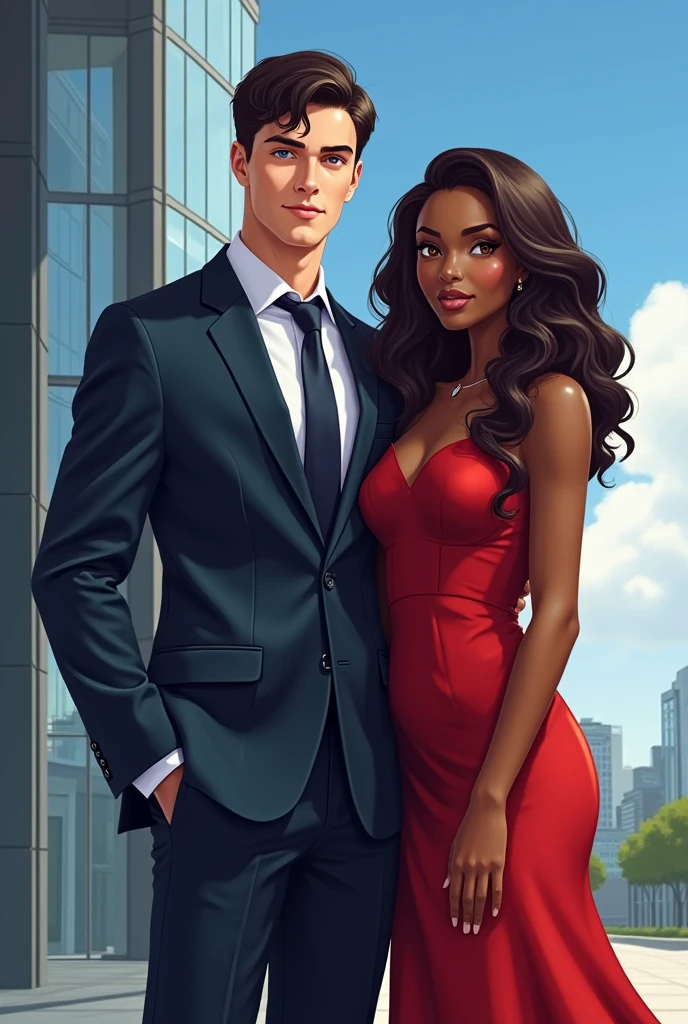Digital drawing of a Brown Man, wearing a blazer and a blue shirt, denim pants and black sneakers, with a blonde woman pulling him by the navy blue tie, the woman wearing a tight red dress, red high heel shoes, on the sidewalk The couple brings a landscape of a paradisiacal beach, best quality, 8k