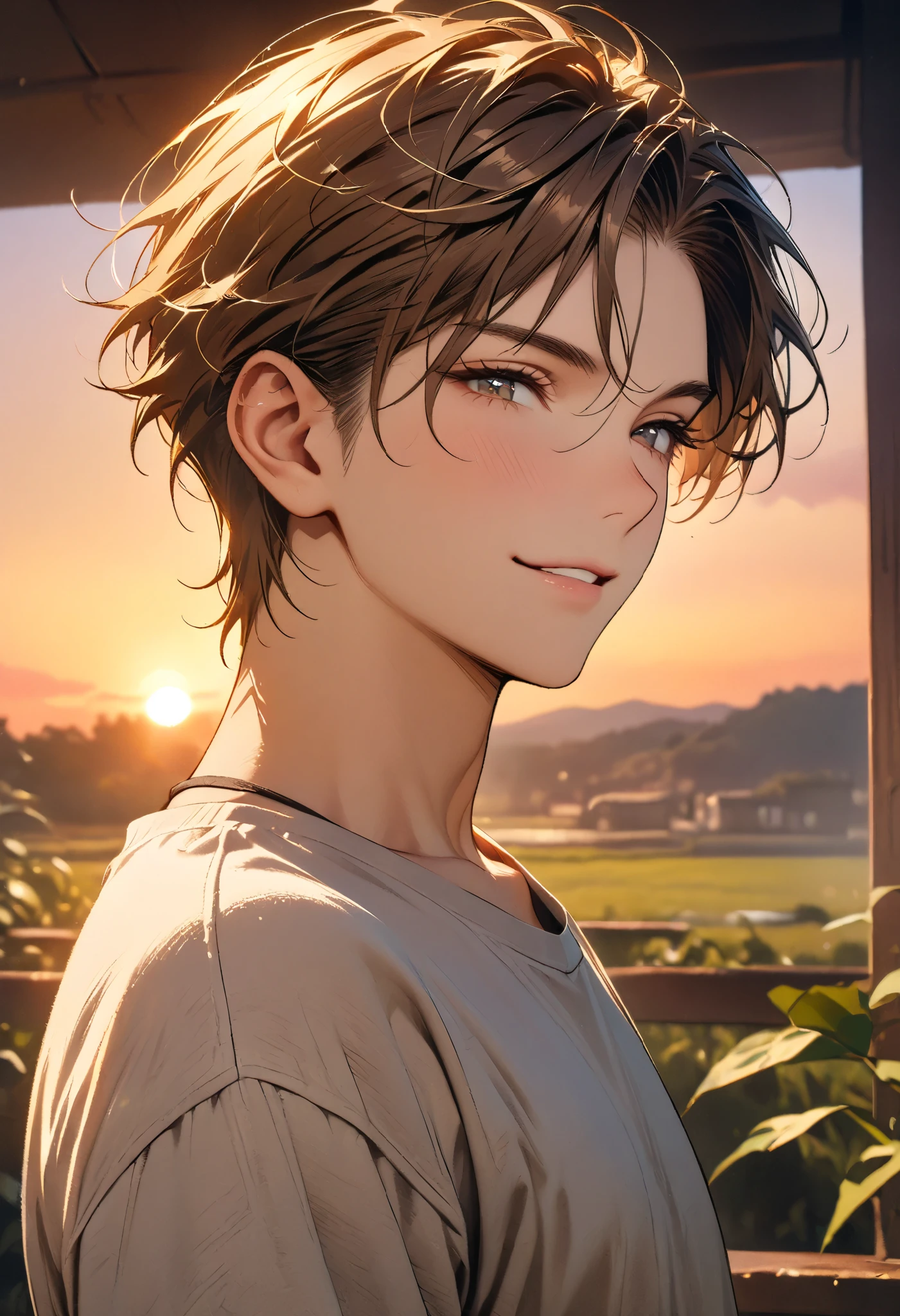 (masterpiece, top quality, best quality, official art) handsome male, slightly smile, jean and t-shirt, side pose, close up, brown hair, ovbackground, sunset,