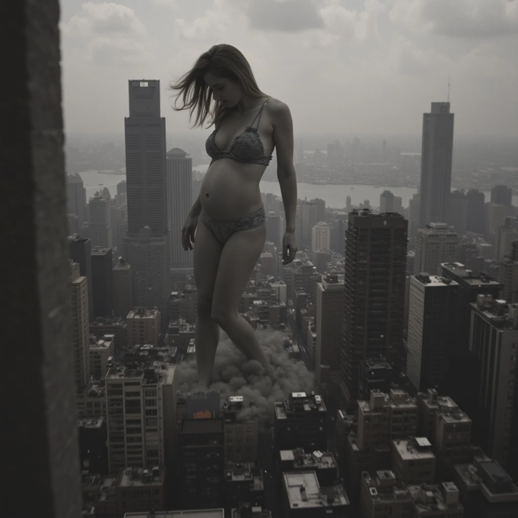 A towering Giantess stands with big ass in destroyed city. 20 year old girl, with large breasts, red hair, big belly, turned into a giant taller than buildings, showing on shrunken people stand on the ground. (YES SFW, GTS)