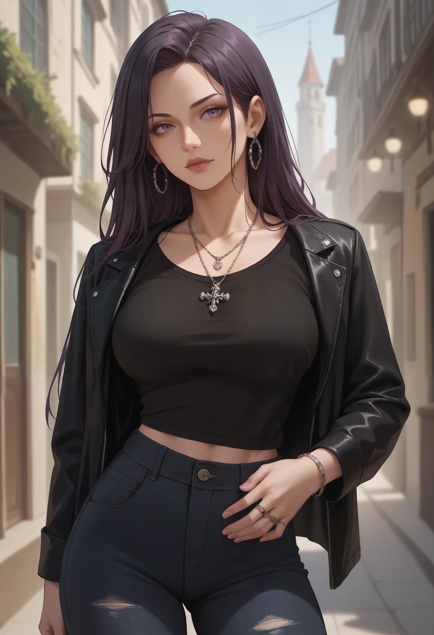 Attractive gothic, milf, large breasts. long dark hair with purple highlights, pale skin, and piercing eyes. She is wearing casual gothic clothing, including a fitted black top, dark jeans, and a leather jacket