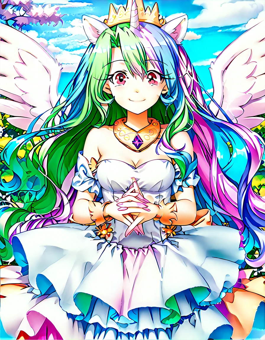 gran calidad ++ Extremely detailed high resolusionolution, very aesthetic, ojos expresivos, (((Cara perfecta))), (((face symmetrical))), ((good anatomy)), (((manos perfectas))), (((8k))), UHD, Fondo de pantalla HD, (((alta calidra detallada, (((((1girl)))))), solamente, Obra maestra, La mejor calidad, high resolusion, Altamente detallado, (illustration), hermosos ojos detallados, (((combatant))), (((1girl))), ((((cuerpo completo)))), (((((((illyasviel von einzbern)))))), (((princess_celestia))), ((((forma humana)))), ((princesa celestia humanizada)), Celestia, Celestia de My Little Poni, celestia en forma de milf, Cabello largo y ondulado, (((Ojos rojos))), (((strapless tube dress))), (((purple heart promise))), (((white dress))), (((milfication))), (((mature female))), (((gigantic breasts))), (((orejas blancas de pony))), (((Dedos detallados))), (((alas blancas de angel))), (((cuerno dorado de unicornio))), Dedos precisos, Manos no antinaturales, strange eye, columnas griegas, exterior, hermoso bosque majestuoso, hojas de parra rodeando las columnas, arbustos de flores por todas partes, cielo despejado, bright sunny day, water lilies, bosque celestial,
