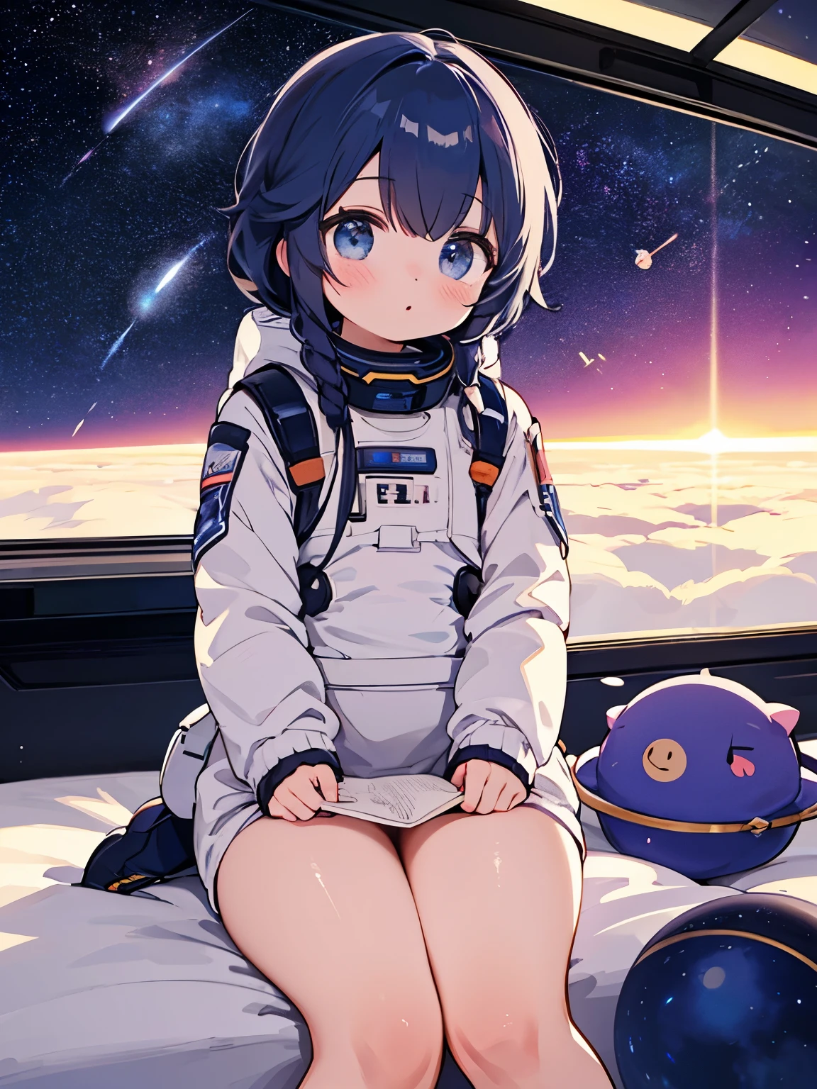 A littleloly   teaching cosmology、Galaxy picture in background, in space with space suit,cute