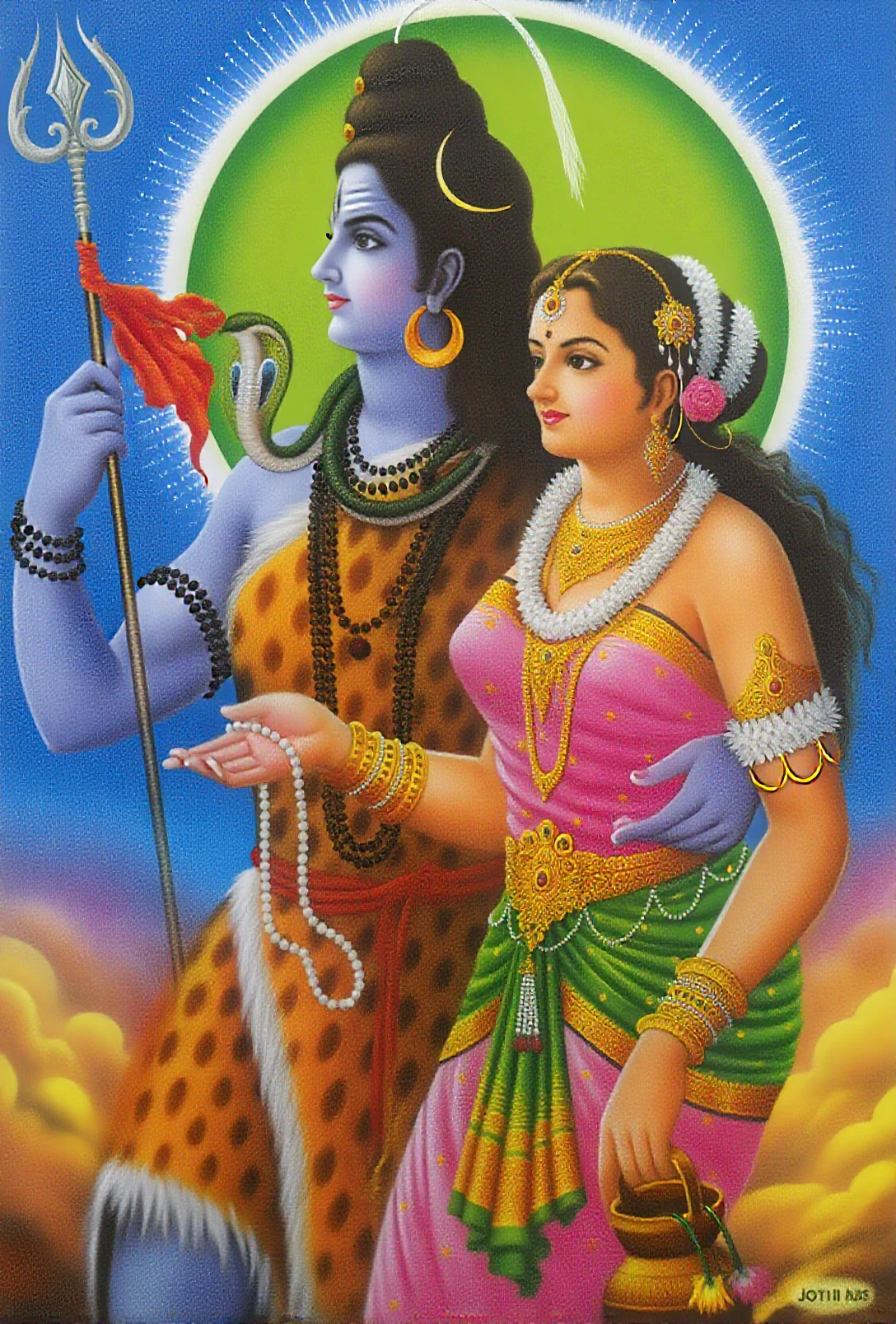 A captivating tableau of divine sibling unity, with the brother dressed as the mighty God Vishnu and the sister as the serene goddess Parvati. The brother's vibrant attire is adorned with ornate gold and blue fabrics, reflecting the cosmic elegance of the supreme deity. His four strong arms are gracefully outstretched, each hand holding a symbol of divine power: the chakra, a spinning disk of energy representing protection and the maintenance of order; the shankh, a conch shell that signifies the primordial sound of creation and the call to spiritual awakening; the gada, a mace symbolizing strength and the ability to vanquish ignorance; and a delicate flower, a testament to the gentle, nurturing aspect of Vishnu. His piercing gaze and stoic posture exude a sense of steadfastness and eternal vigilance. In contrast, the sister, as Goddess Parvati, is a vision of grace and beauty, dressed in a red and gold sari that shimmers like the sunset. Her two hands are poised in a delicate balance: one holds a bouquet of lotus flowers, the epitome of purity and spiritual growth, while the other forms the var mudra, a gesture of bestowing boons and protection. Together, they are seated on an enormous, fully bloomed lotus that emerges from the calm waters of a celestial pond, the petals unfurling around them like a sacred throne. The background is a tapestry of heavenly hues, with soft clouds and beams of light accentuating the divine aura. The intricate details of their jewelry, the serene expressions on their faces, and the harmonious interplay of their gestures convey a powerful narrative of protection, wisdom, and the eternal dance of creation and preservation. This visual spectacle is a celebration of the rich tapestry of Hindu mythology, inviting viewers to revel in the divine beauty and might of these revered deities.
