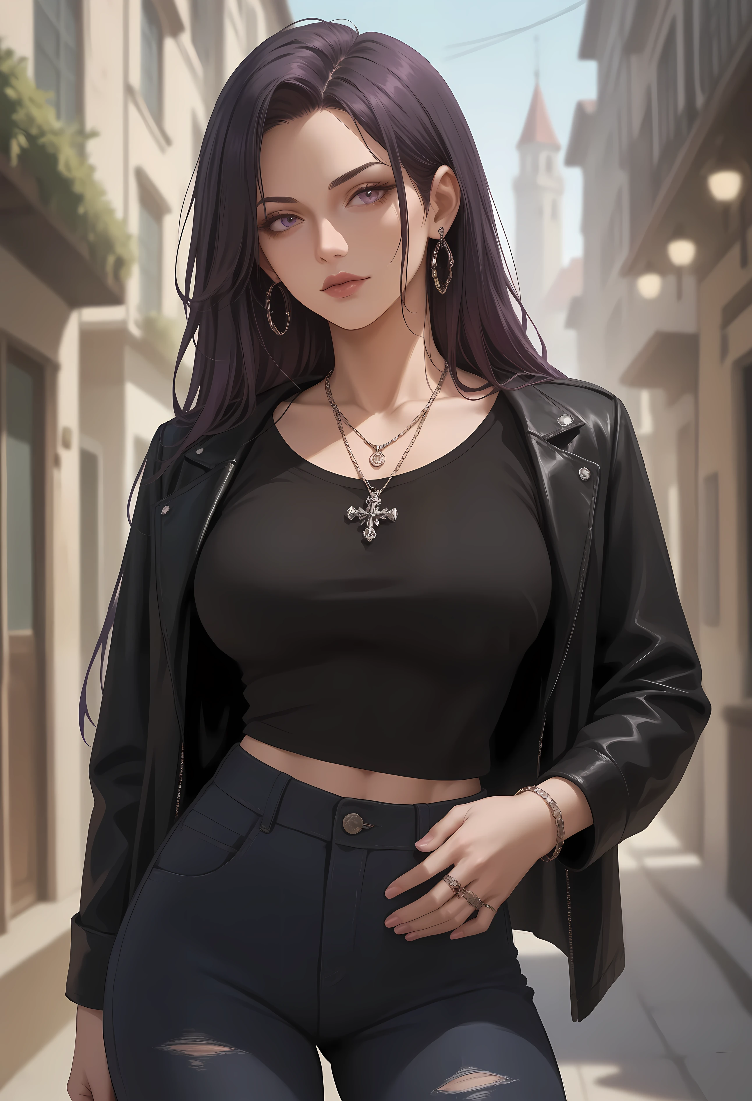 Attractive gothic, milf, large breasts. long dark hair with purple highlights, pale skin, and piercing eyes. She is wearing casual gothic clothing, including a fitted black top, dark jeans, and a leather jacket