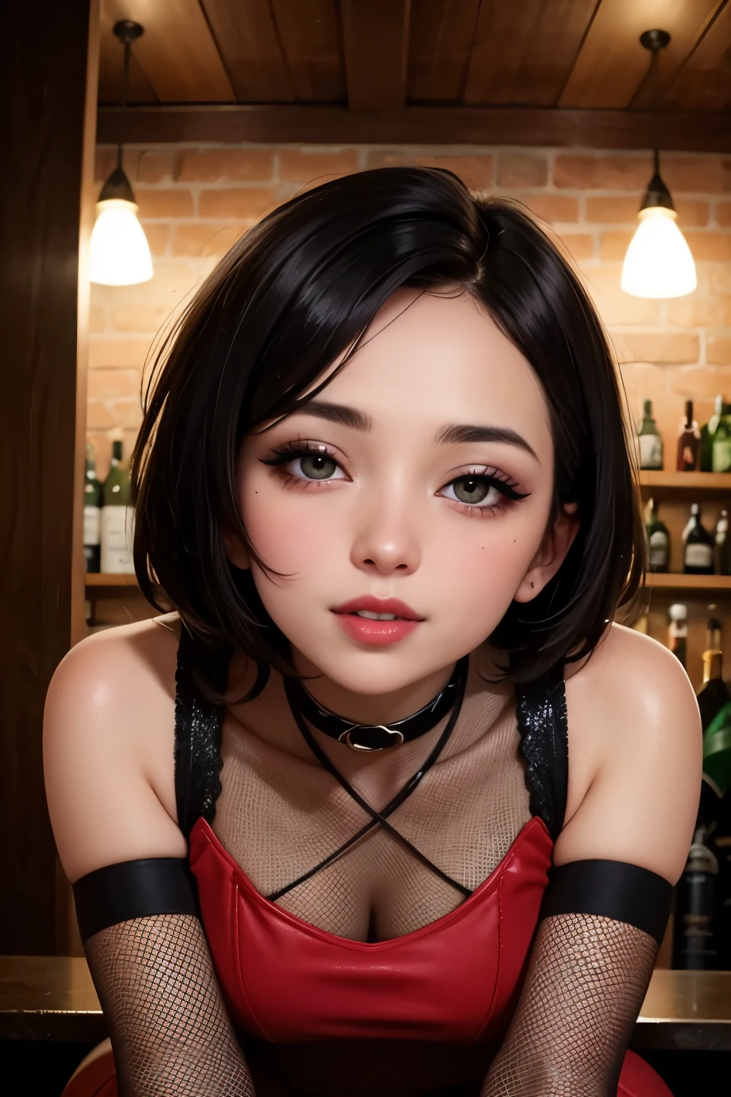 Amazing portrait of a cute woman with black short hair and olive skin with a beautiful face with perfect features having amazing makeup with smokey eyes and red lips with a loving expression and a gentle smile wearing a skimpy red halterneck dress with black armlength gloves and fishnet stockings with black high heels in a secluded corner of a bar with amazing lighting accentuating her beautiful features