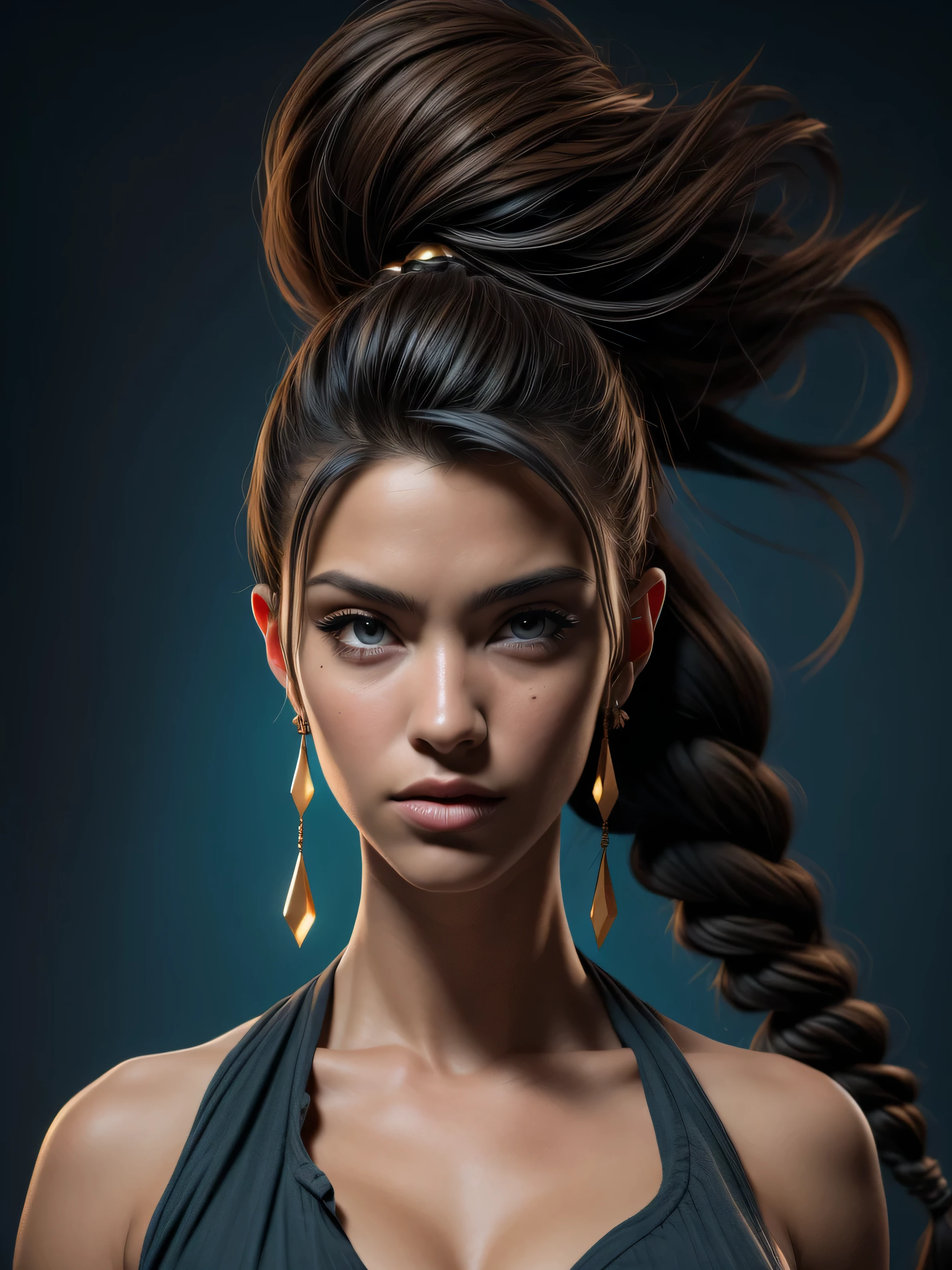 Hyper realistic anime style, (3d rendering), shot on Nikon D850, Mexican A beautiful pale-skinned Latina ,[(extremely detailed:1.5)|(matte:1.7)|healthy] human skin, (perfect Natural Tear drop breast 1.7))Breasts naturally fall in a teardrop shape), topless,  eyes blue, full body, perfect body,sharply focused human skin, haircut with two long mohawk braids, mohawk, uses two braids,detailed intricate hair strands, he is 1, brown tanned skin,  (best quality,4k,8k,highres,masterpiece:1.2),ultra-detailed,(realistic,photorealistic,photo-realistic:1.37),HDR,UHD,studio lighting,ultra-fine painting,sharp focus,physically-based rendering,extreme detail description,professional,vivid colors,bokeh,portraiture,glamour,sensual,alluring,wear mexi, in style of Retna, full body, High contrast, sharp focus on character details, Unreal engine 5, Octane render, Organic rendering, 4k, 8k
