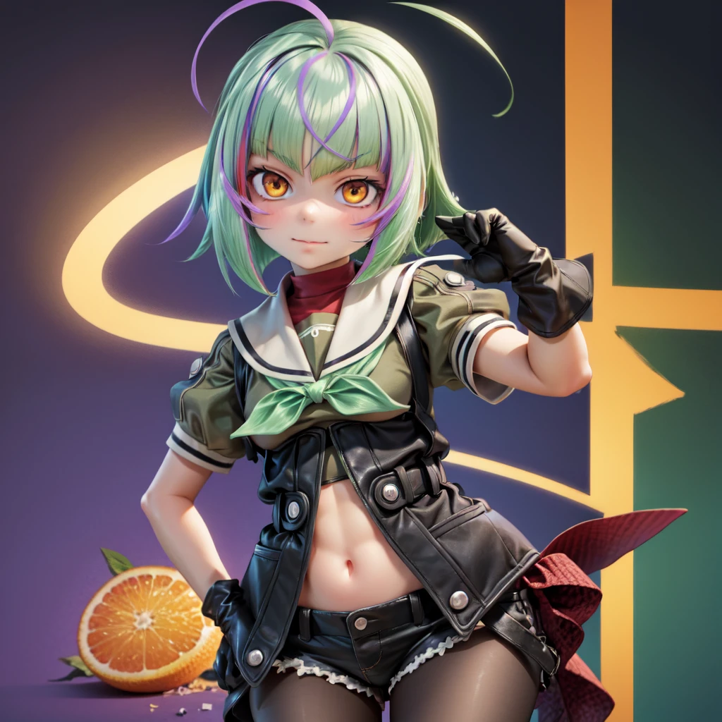 stsflchan, 1girl, (outstretched hand, reaching towards viewer, foreshortening), cowboy shot, green hair, ahoge, short hair, elbow gloves, headphones, red eyes, (smile), [fingerless gloves, skirt, knee boots], looking at viewer,  shoulders, , (stage) background, concert, realistic, highres, absurdres, ultra-detailed, illustration, colorful, masterpiece, best quality, 4k, (extremely detailed), tracing, soft shadows, detailed face, textured skin, extremely realistic, detailed background, LORA, <lora:more_details:0.5>, <lora:GoodHands-vanilla:0.4>