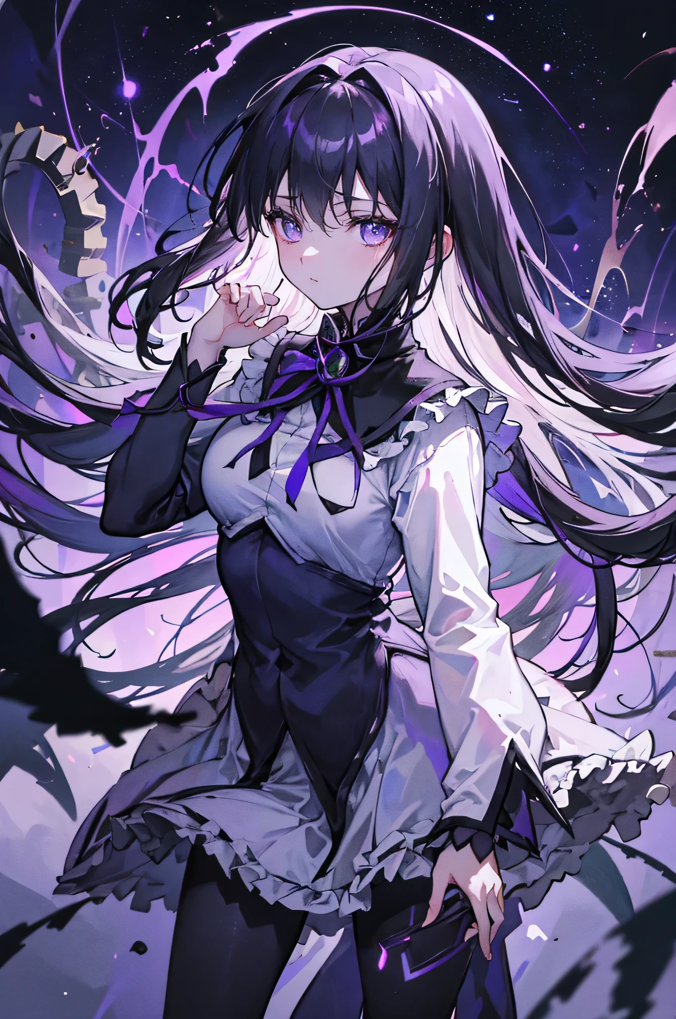 Create an advanced, highly detailed illustration of Akemi Homura from the final scene of the movie Rebellion from Puella Magi Madoka Magica. She stands in a commanding, otherworldly pose, exuding an aura of dominance and mystery. Her iconic outfit features intricate gothic designs, blending shades of deep black and royal purple, with subtle metallic accents and ornate patterns inspired by Victorian elegance. Her long, flowing black hair cascades around her, subtly lifted by an unseen wind, adding a sense of dynamic energy to the composition.
Her large, shadowy wings unfurl dramatically behind her, appearing as a fusion of dark feathers and swirling, smoke-like ethereal tendrils, glowing faintly with a soft purple luminescence. Her eyes radiate a piercing, ominous crimson light, reflecting her unwavering resolve and enigmatic power. Her hands are delicately poised, one holding a crimson apple that glows faintly, symbolizing her role as a master of her fate and the twisted balance she maintains.
The background is surreal and atmospheric: a distorted, celestial expanse with a fractured, starry sky in hues of midnight blue and violet, interwoven with abstract spirals and faint, glowing glyphs. In the distance, faint silhouettes of gears and clocks can be seen, symbolizing the manipulation of time and destiny. Bright yet subtle rays of light pierce through the scene, highlighting her form with soft gradients, creating a stark contrast with the surrounding darkness.
The overall mood should blend elegance, menace, and surreal beauty, emphasizing the complexity of her character and her pivotal role in the story. Focus on high-definition textures, intricate lighting effects, and atmospheric depth for a truly breathtaking result