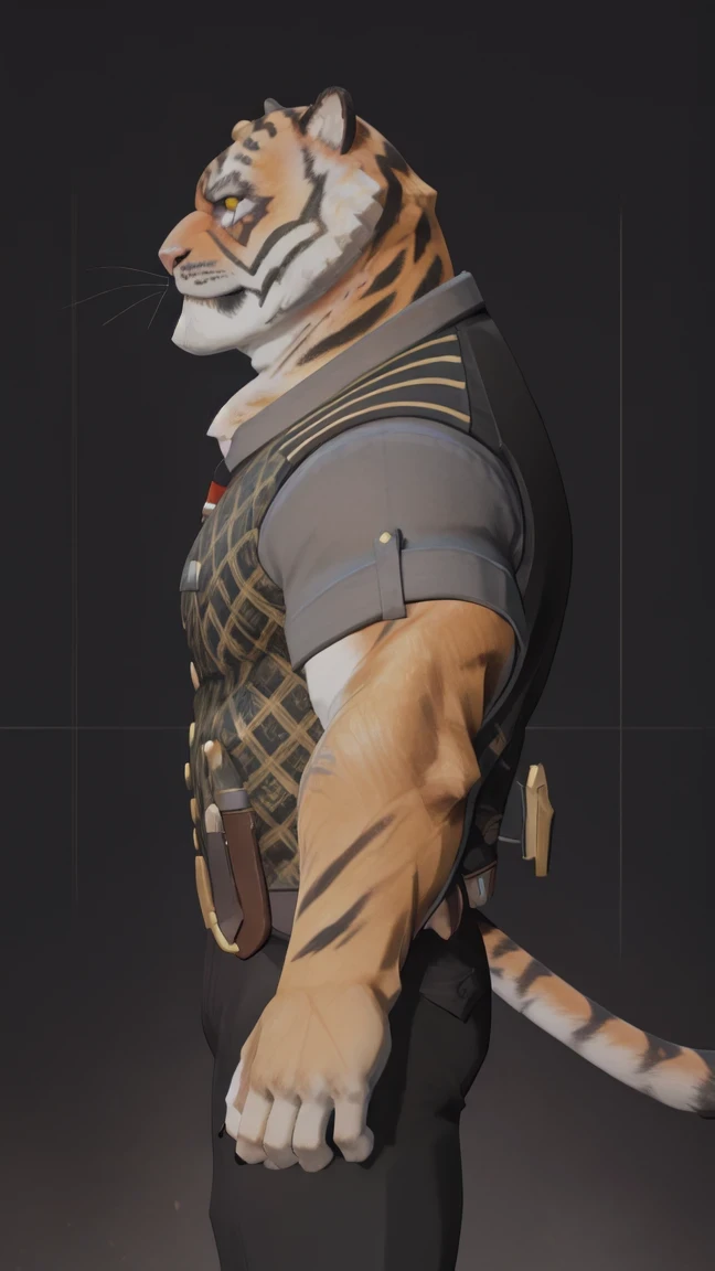 oscar, , muscular, wearing a sleeveless t-shirt, black pants , happy, yellow eyes, body blow, 8k high definition, seductive look , full body, brown shoes , tiger tail, From a right profile looking up to the sky