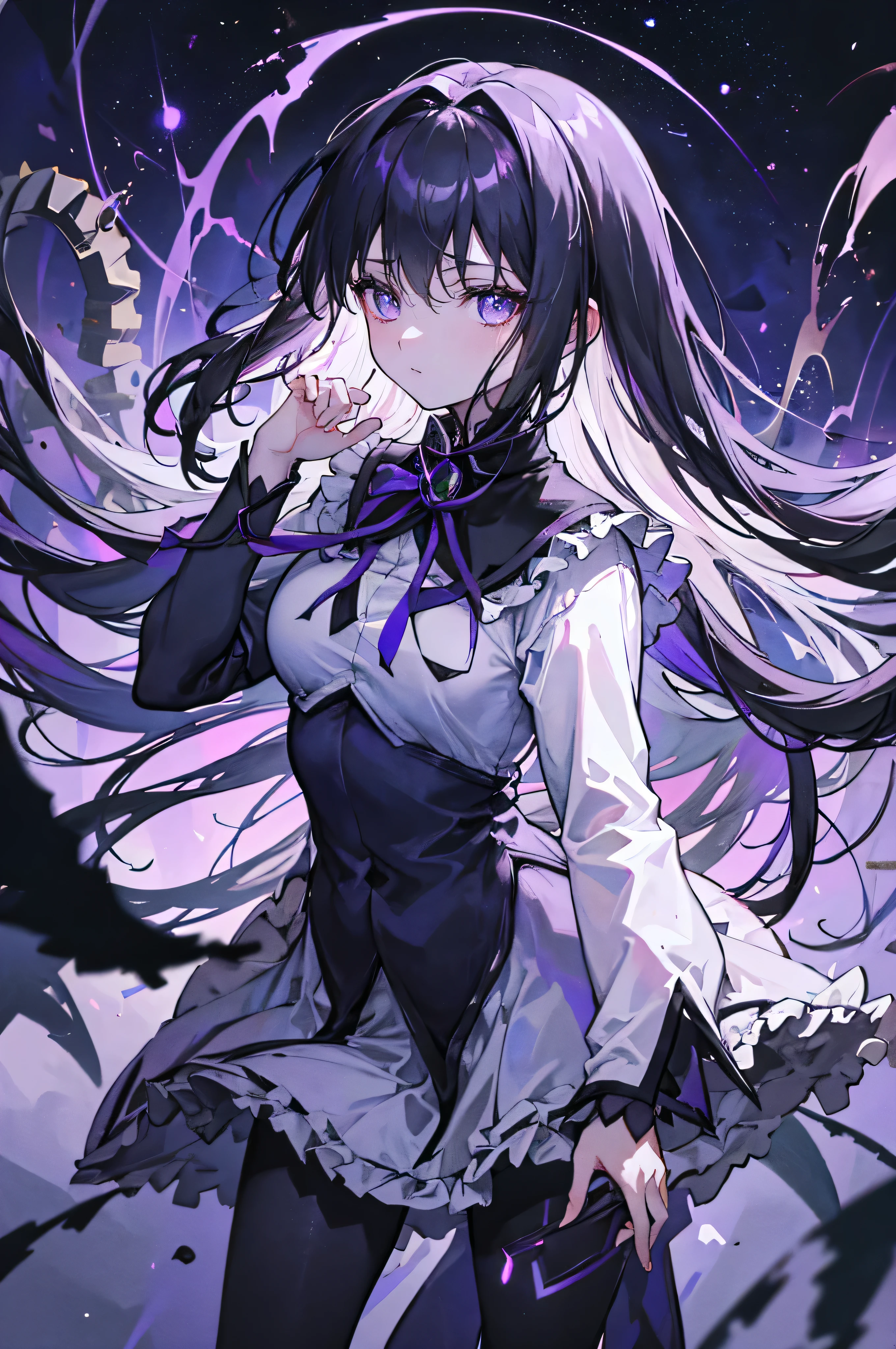Create an advanced, highly detailed illustration of Akemi Homura from the final scene of the movie Rebellion from Puella Magi Madoka Magica. She stands in a commanding, otherworldly pose, exuding an aura of dominance and mystery. Her iconic outfit features intricate gothic designs, blending shades of deep black and royal purple, with subtle metallic accents and ornate patterns inspired by Victorian elegance. Her long, flowing black hair cascades around her, subtly lifted by an unseen wind, adding a sense of dynamic energy to the composition.

Her large, shadowy wings unfurl dramatically behind her, appearing as a fusion of dark feathers and swirling, smoke-like ethereal tendrils, glowing faintly with a soft purple luminescence. Her eyes radiate a piercing, ominous crimson light, reflecting her unwavering resolve and enigmatic power. Her hands are delicately poised, one holding a crimson apple that glows faintly, symbolizing her role as a master of her fate and the twisted balance she maintains.

The background is surreal and atmospheric: a distorted, celestial expanse with a fractured, starry sky in hues of midnight blue and violet, interwoven with abstract spirals and faint, glowing glyphs. In the distance, faint silhouettes of gears and clocks can be seen, symbolizing the manipulation of time and destiny. Bright yet subtle rays of light pierce through the scene, highlighting her form with soft gradients, creating a stark contrast with the surrounding darkness.

The overall mood should blend elegance, menace, and surreal beauty, emphasizing the complexity of her character and her pivotal role in the story. Focus on high-definition textures, intricate lighting effects, and atmospheric depth for a truly breathtaking result