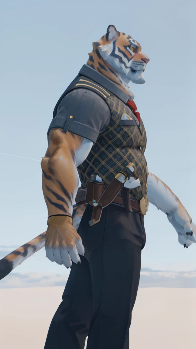 oscar, , muscular, wearing a sleeveless t-shirt,   black pants  , happy, yellow eyes, body blow, 8k high definition,  seductive look , full body,  brown shoes , tiger tail, Right in profile looking up at the sky , sky blue background ,  full body, full body