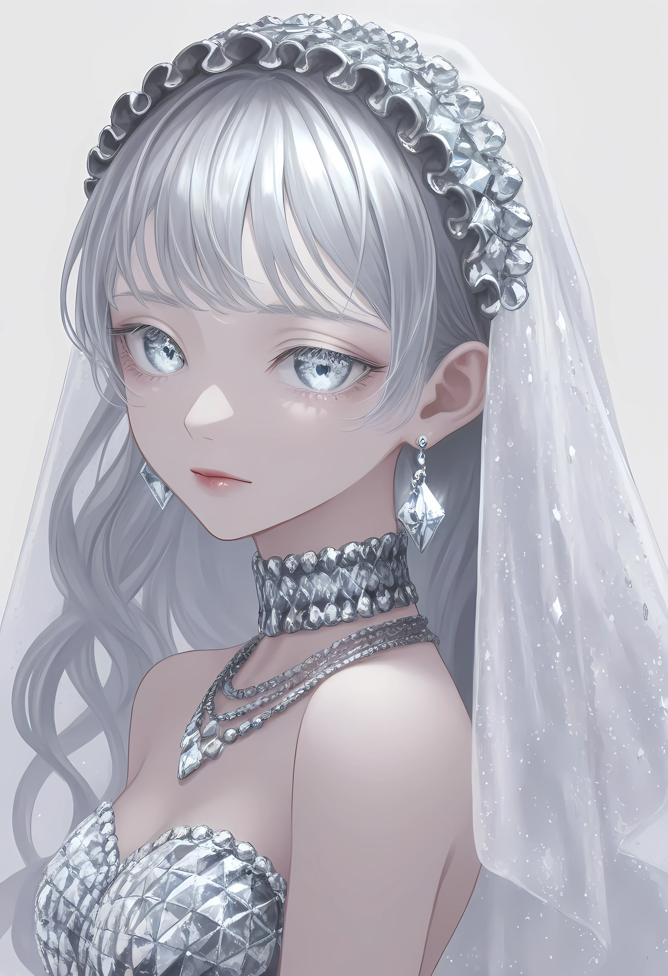 rainbow, One Girl, alone,So cute, Long Hair, Show Viewer, Gray Eyes Background, White Background, jewelry, Mouth closed, Upper Body, Gray Hair, Earrings, Blue Eyes, necklace, From the side, lips, eyelash, Compensate, Wavy Hair, Earrings, lipstick, 耳のEarrings, eye shadow, diamond Earrings, ピンクのlips, Variegated eyes, Gray Theme, , ピンクのeye shadow, pretty necklace , silver, Diamond eyes, diamonds, shining, ethereal, goodness, shining,veil, diamond dress, many diamond details , diamond hair accessories , diamonds under eyes, smorky silver make up, diamond make up
