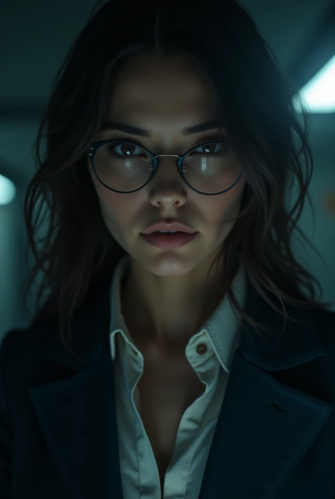 ((1woman, female, solo, portrait, close up, dark brown chestnut hair, dark green eyes, gentle, , using glasses, secretary, gentle, shy)office background, curious expression) (Masterpiece, super detailed, 8K, (High-Definition, Sunlight:0.5, Soft_Shadows:0.5, Atmospheric_lighting, 8k, 4k, hyper-realistic, elegant, ((((cinematic appearance)))), soft tones, soft cinematic lights))
