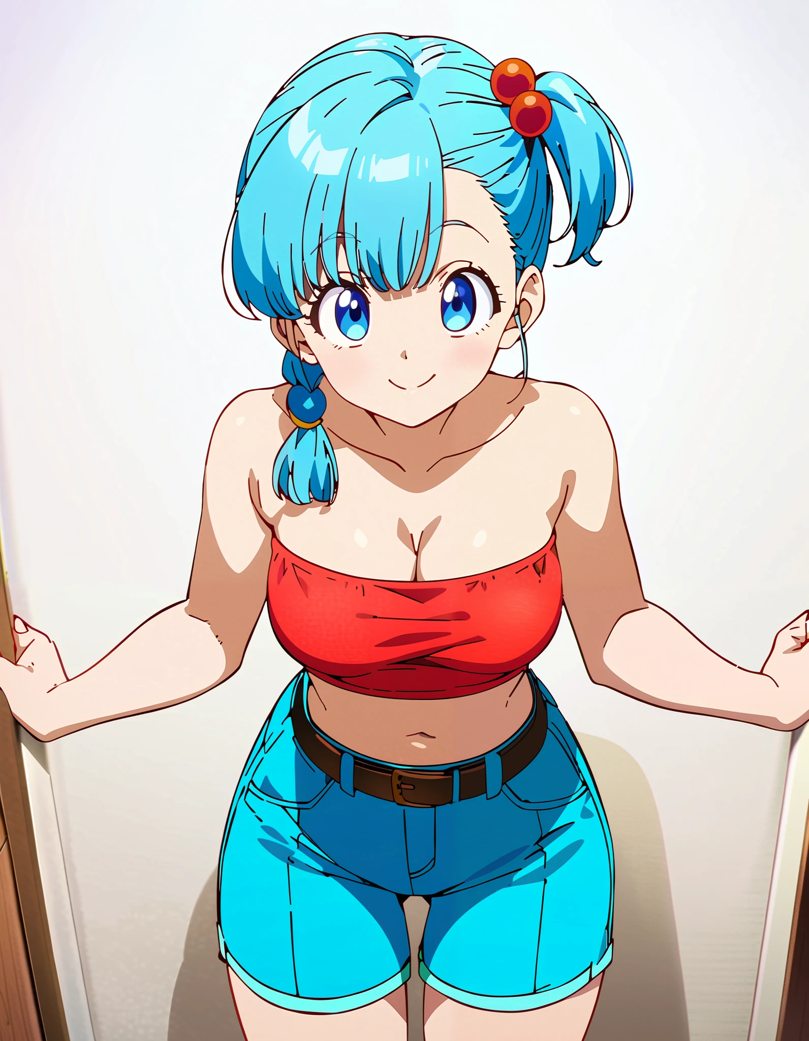 Dragon ball , Bulma, 1girl, (((bimbo))), Blue hair, Blue eyes, puffy lips, painted lips, thick lips, wide hips, thick thighs, oily shiny skin, huge breast, huge ass, erotic Smile face, bubble butt, Black panties, Black bra, in house