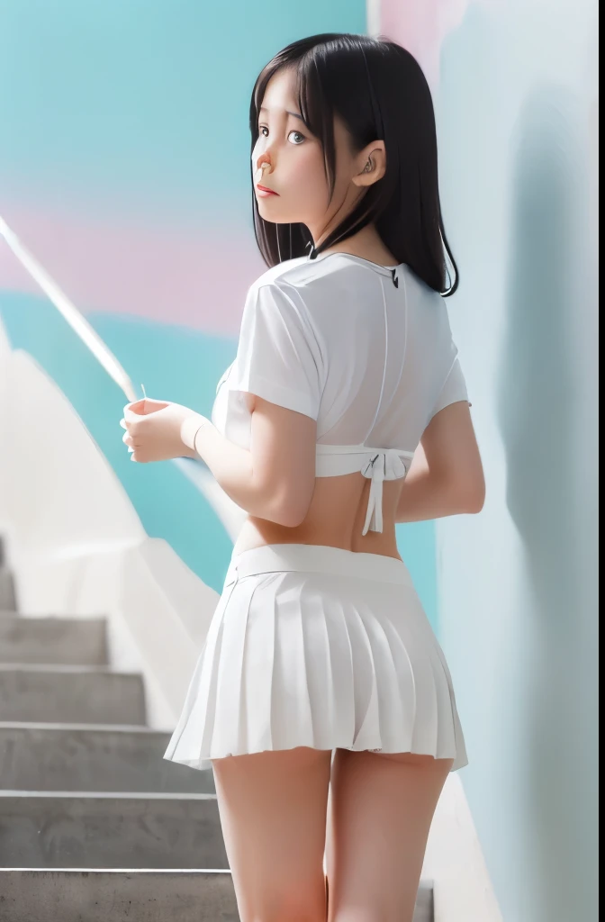 Looking Over Shoulder:1.5, looking back, expose one's back, RAW Photo, highest quality, masterpiece:1.2, (real, photorealistic:1.37), 1 beautiful Japanese , (((from back))), 18-year-old, revealing high school girl uniform, (Photographing the from back), (((underboob))), underboob, oily skin:1.5, thin, (Sexy JK uniform with a slight view of the underside of the chest), ((underboob, Uniform with visible ribs and butt crack)), super miniskirt, ((look at the audience)), bare shoulder:1.5, School classroom:1.2,Window, underboob,