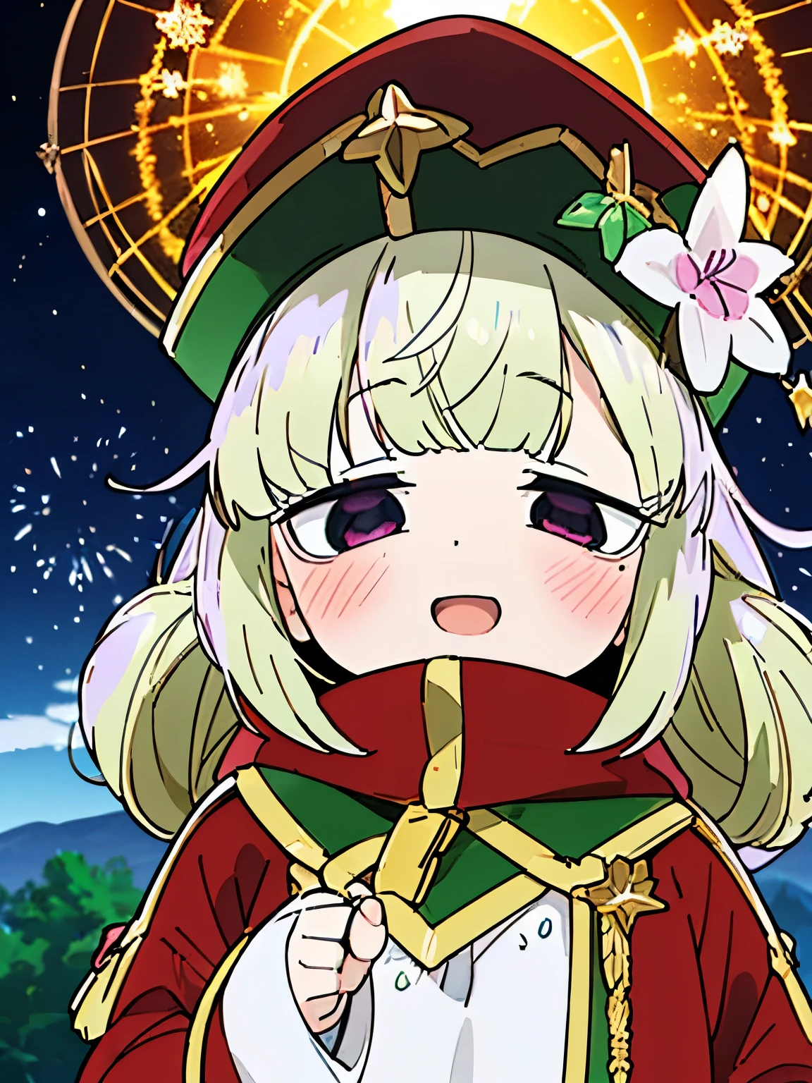((1 girl in a fantastic landscape)),((fanciful)),((fanciful)),detailed,4K,tmasterpiece,by Ghibli Studio,A female horn is brightly colored, bokeh, girl, Holding a bouquet of gorgeous small fireworks in hand,Wear winter clothes and a hat,Welcome the new year with joyful atmosphere, dynamicposes, intense expression