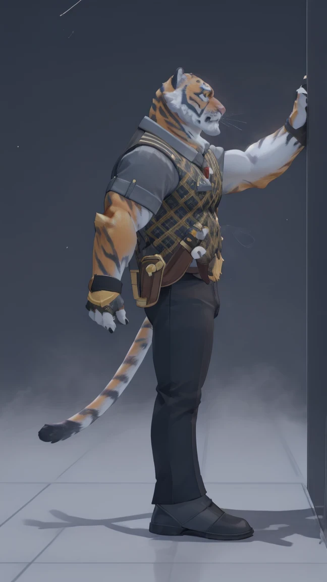 oscar, , muscular, wearing a sleeveless t-shirt,   black pants  , happy, yellow eyes, body blow, 8k high definition,  seductive look , full body,  brown shoes , tiger tail, Right in profile looking up at the sky , sky blue background ,  full body, full body,  seductive look  
