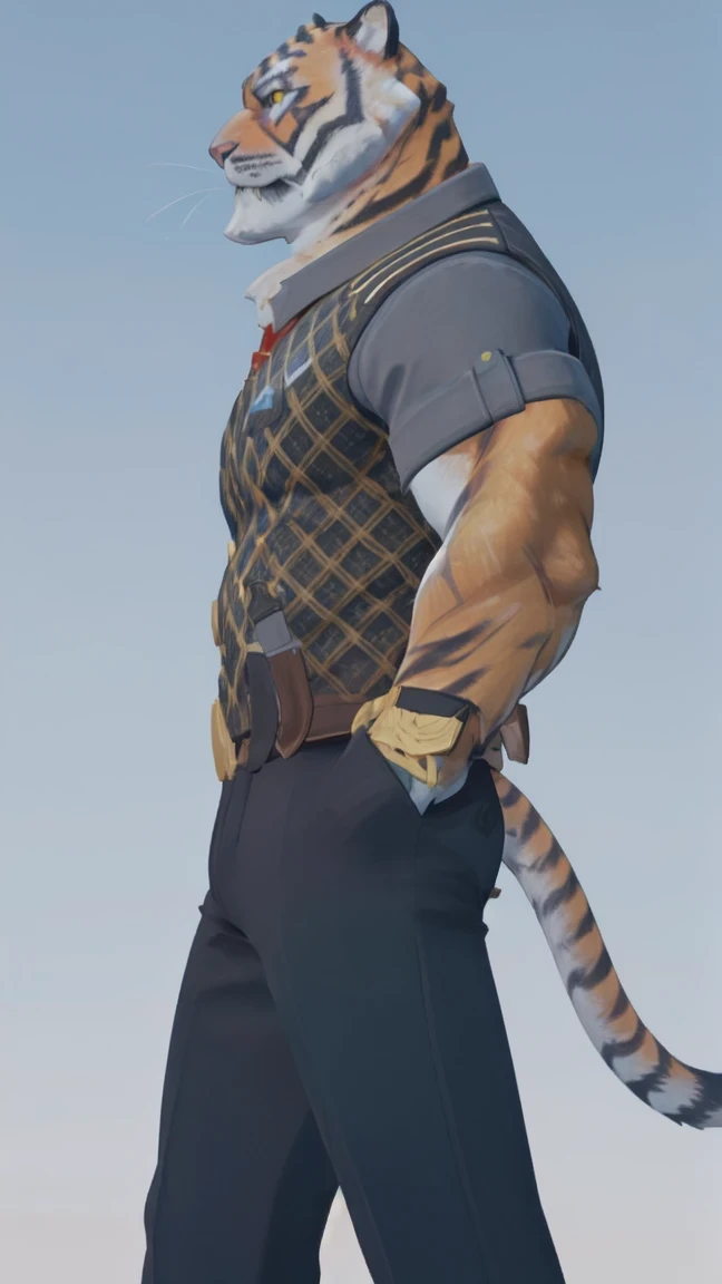 oscar, , muscular, wearing a sleeveless t-shirt, black pants , happy, yellow eyes, body blow, 8k high definition, seductive look , full body, brown shoes , tiger tail, Right in profile looking up at the sky , sky blue background , full body, full body, seductive look